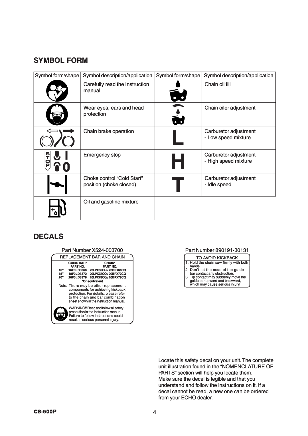 Echo CS-500P instruction manual Symbol Form, Decals, Replacement Bar And Chain, To Avoid Kickback 