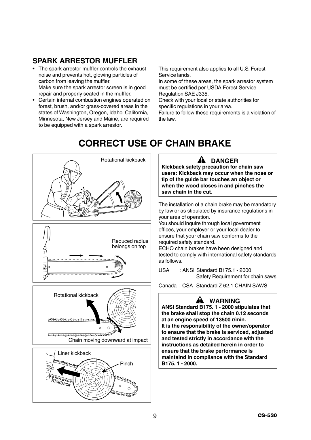 Echo CS-530 instruction manual Correct USE of Chain Brake, Spark Arrestor Muffler 