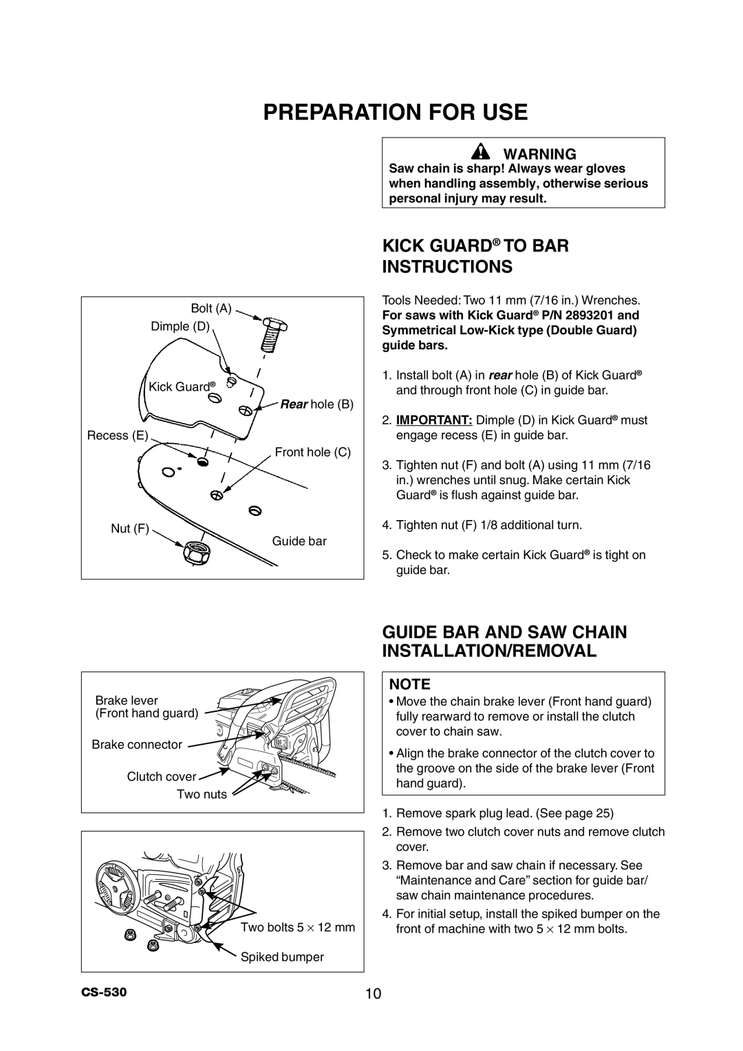 Echo CS-530 Preparation for USE, Kick Guard to BAR Instructions, Guide BAR and SAW Chain INSTALLATION/REMOVAL 