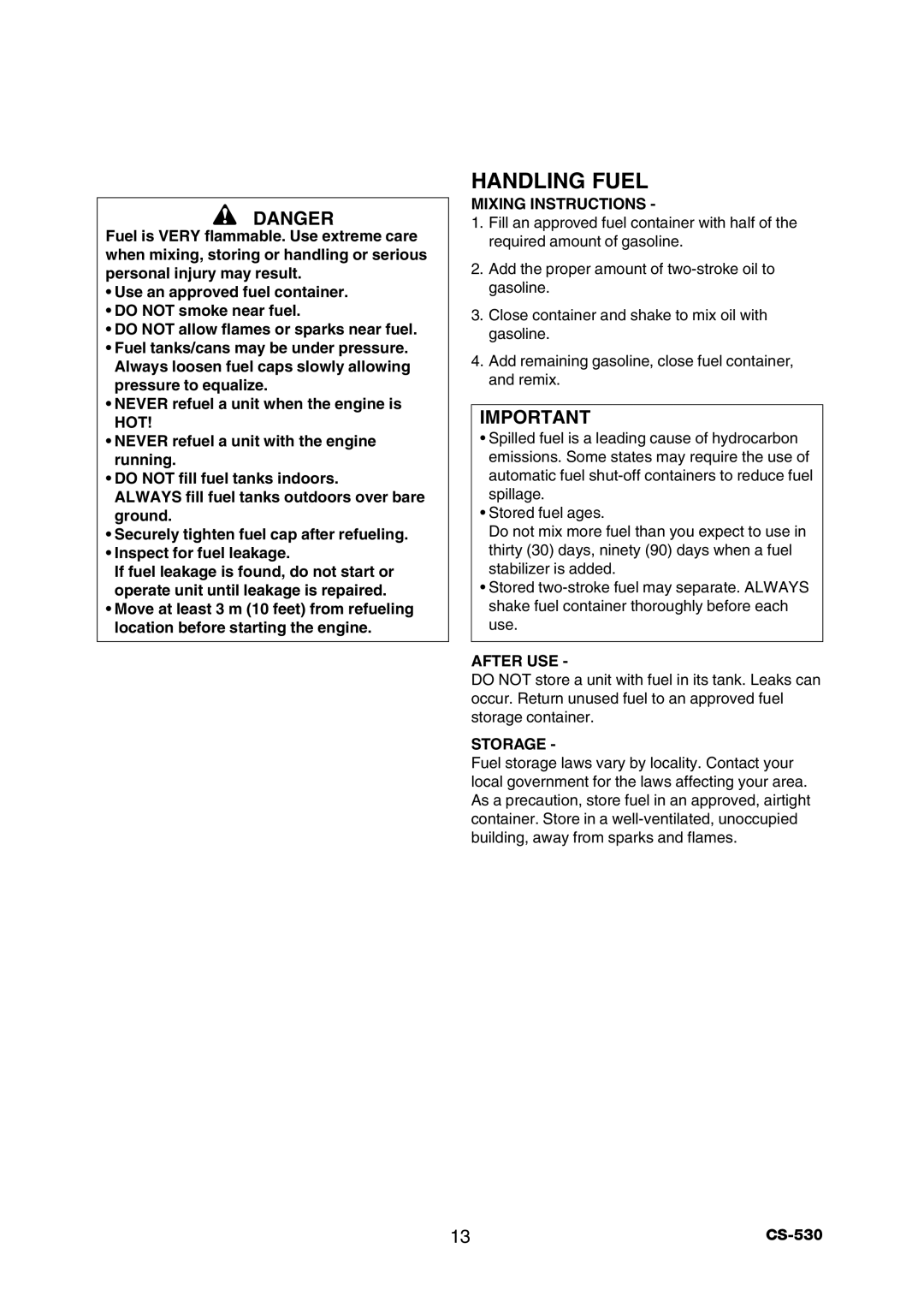 Echo CS-530 instruction manual Handling Fuel, Mixing Instructions 