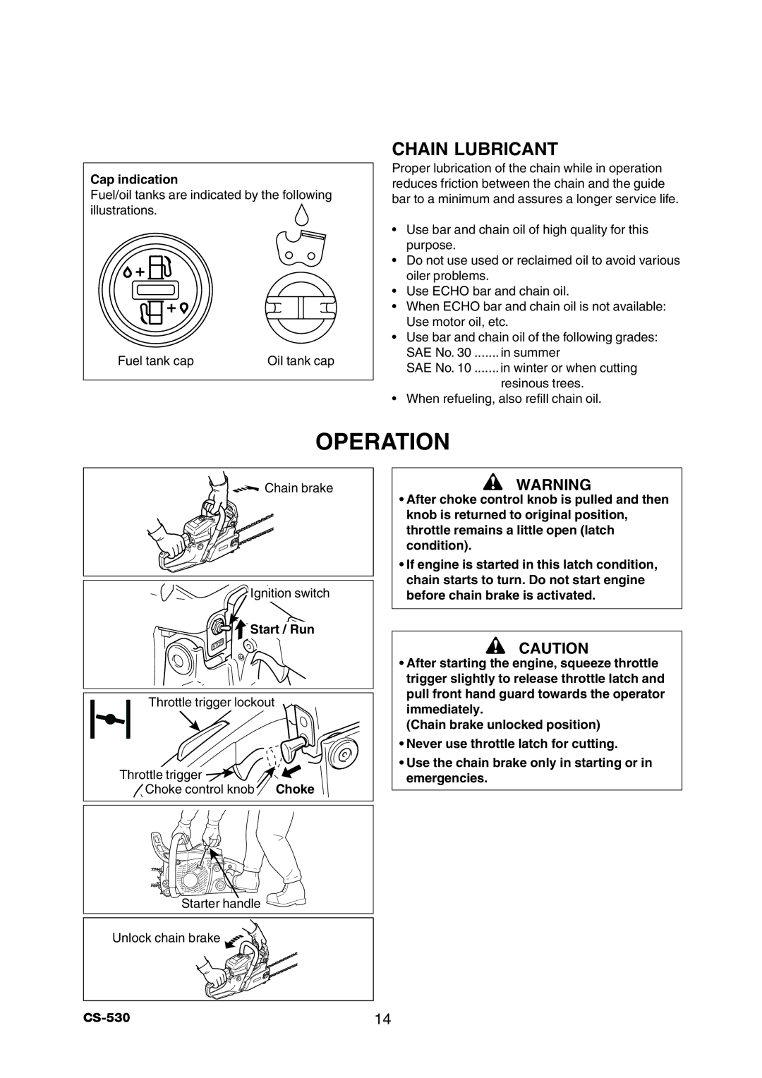 Echo CS-530 instruction manual Operation, Chain Lubricant, Cap indication, Start / Run 