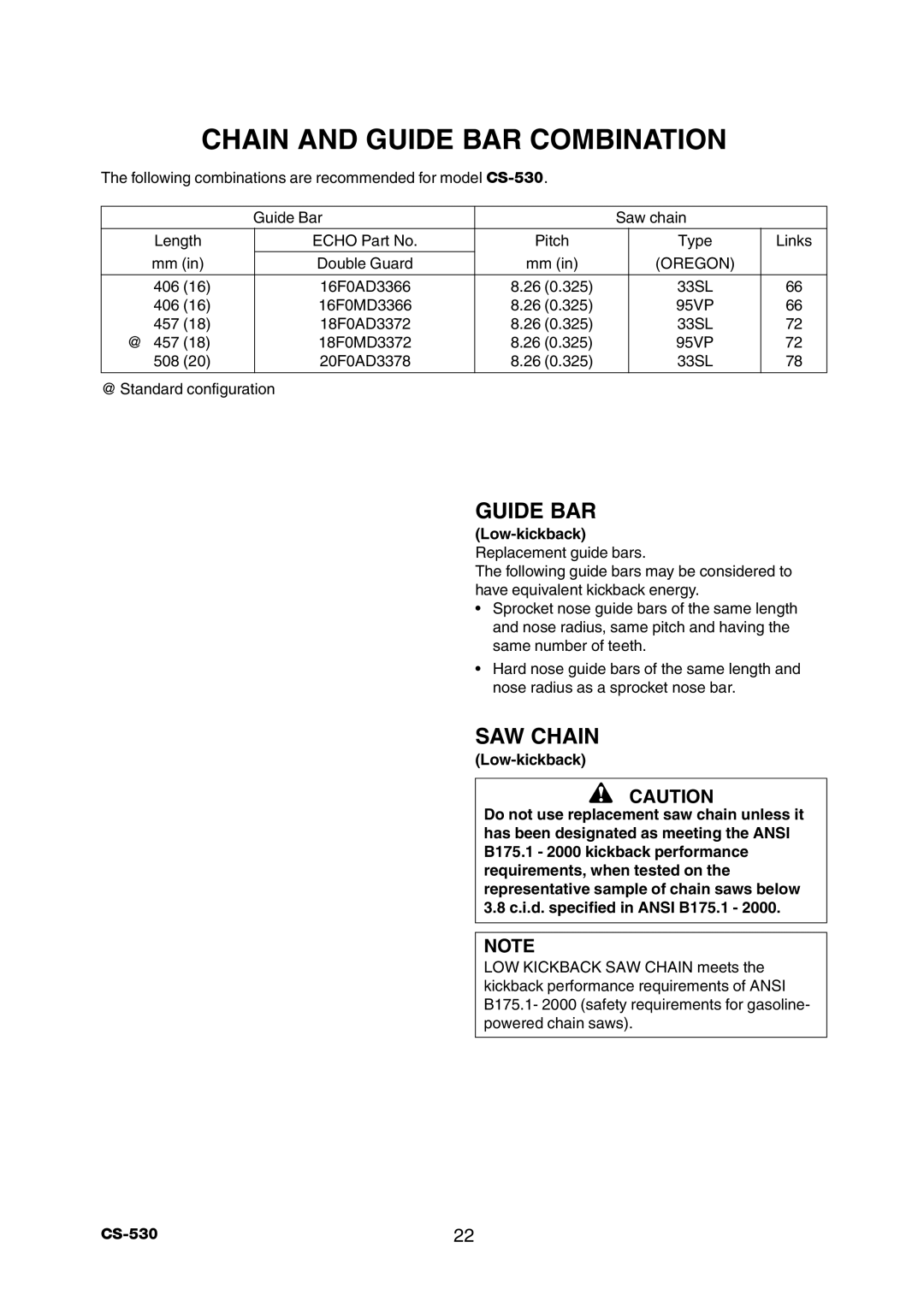 Echo CS-530 instruction manual Chain and Guide BAR Combination, SAW Chain, Low-kickback Replacement guide bars 