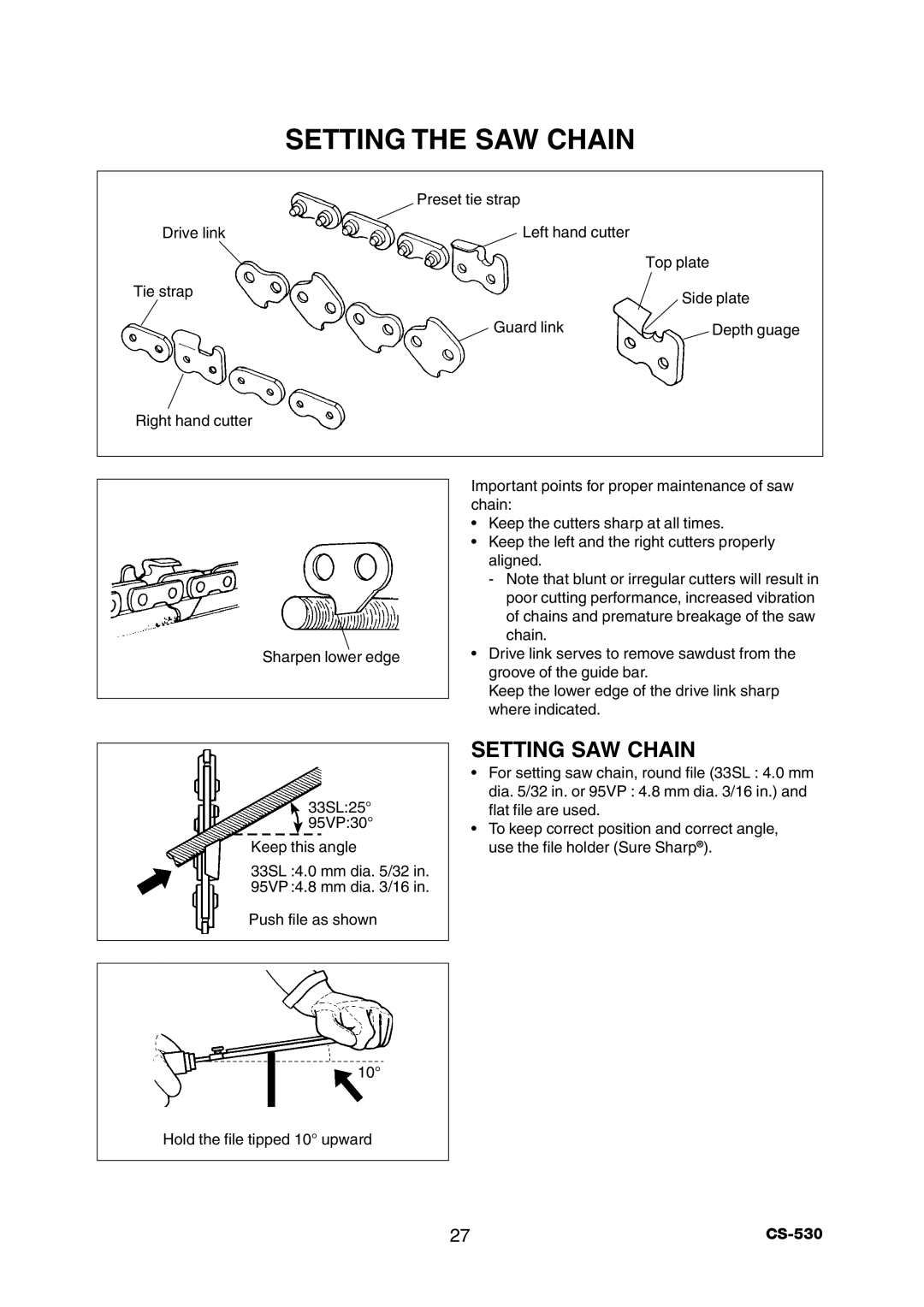 Echo CS-530 instruction manual Setting the SAW Chain, Setting SAW Chain 