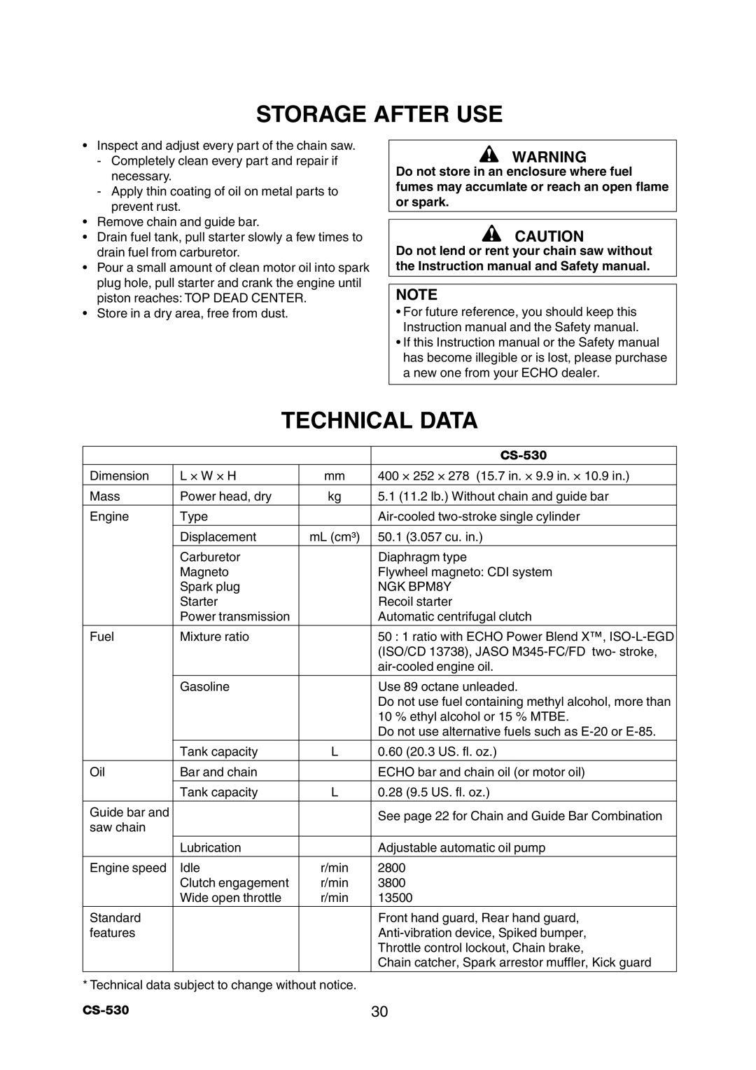 Echo CS-530 instruction manual Storage After USE, Technical Data 