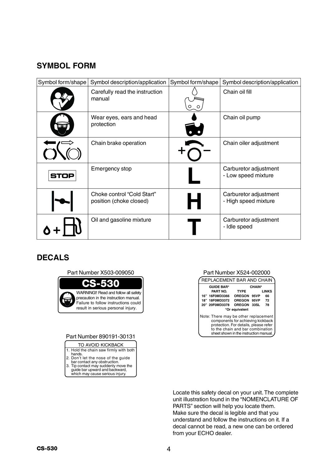 Echo CS-530 instruction manual Symbol Form, Decals 