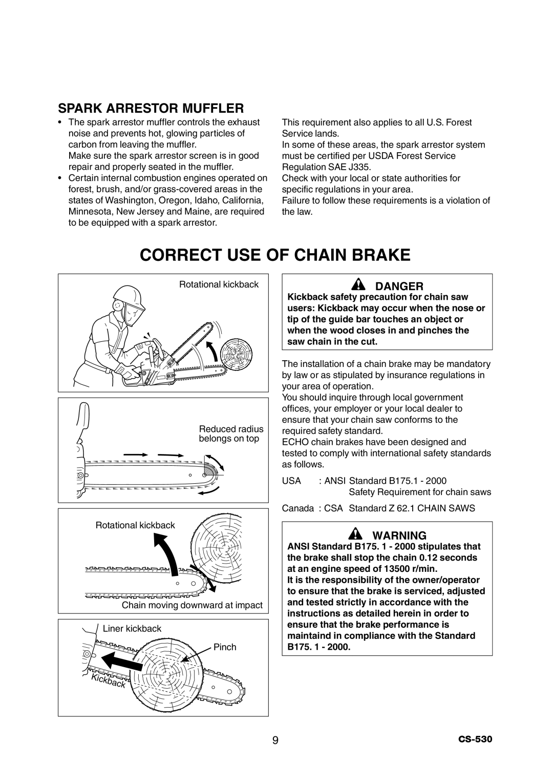 Echo CS-530 instruction manual Correct Use Of Chain Brake, Spark Arrestor Muffler, Danger 