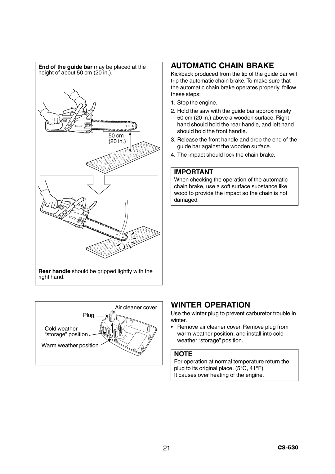 Echo CS-530 instruction manual Automatic Chain Brake, Winter Operation 