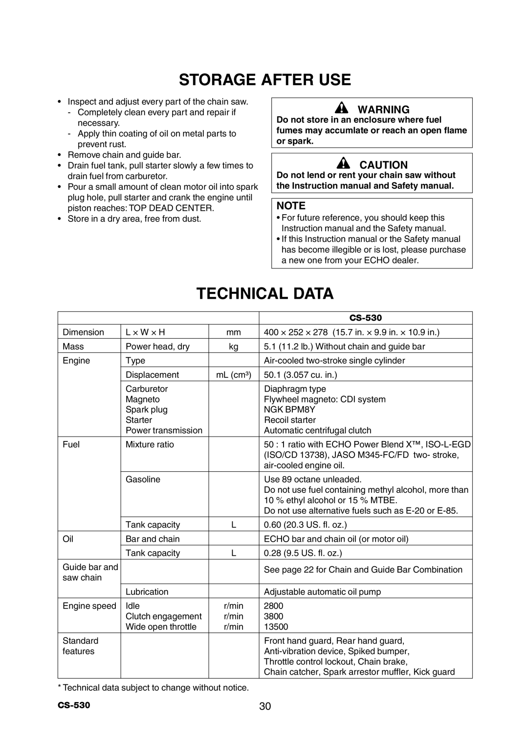 Echo CS-530 instruction manual Storage After Use, Technical Data 