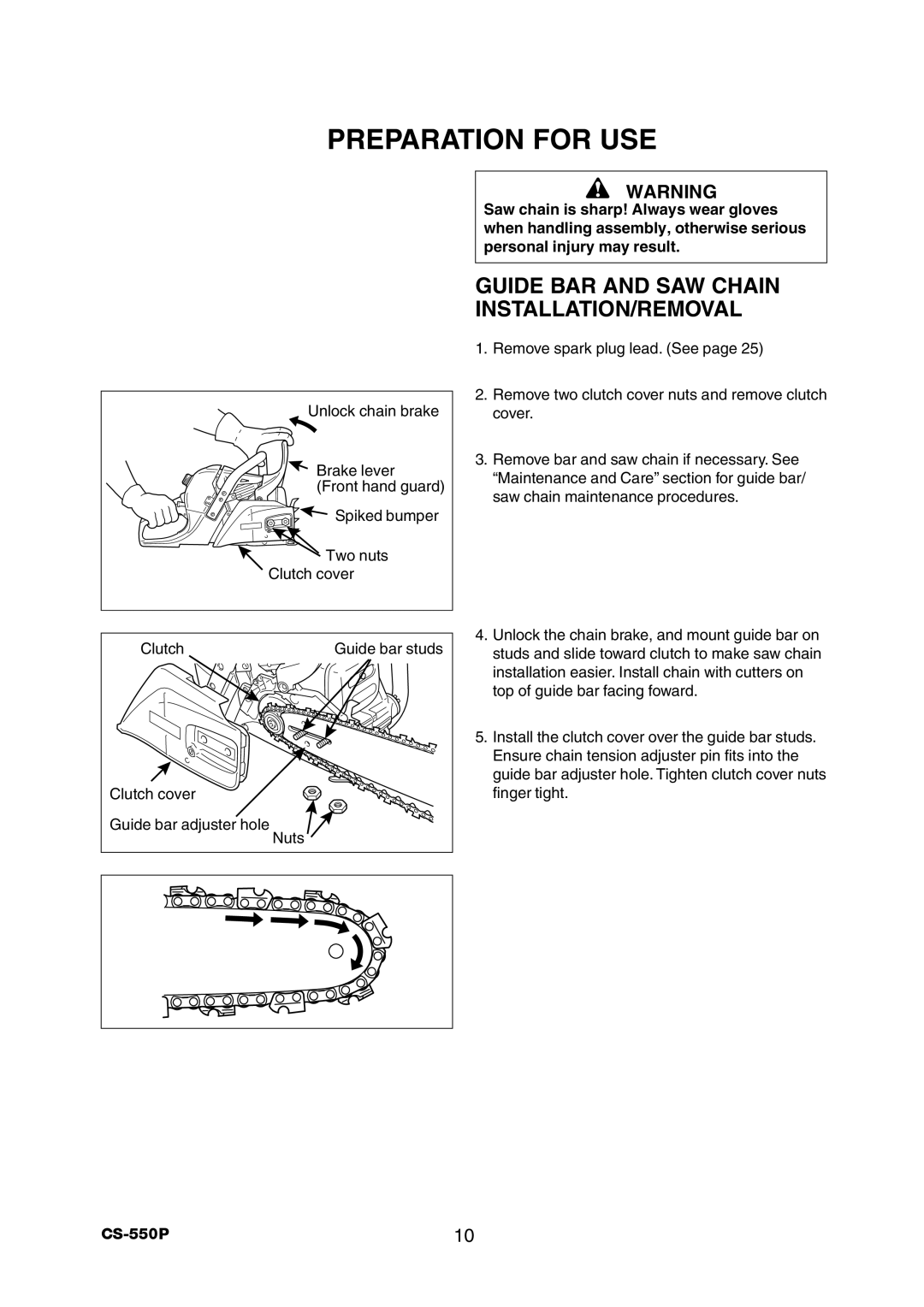 Echo CS-550P instruction manual Preparation for USE, Guide BAR and SAW Chain INSTALLATION/REMOVAL 