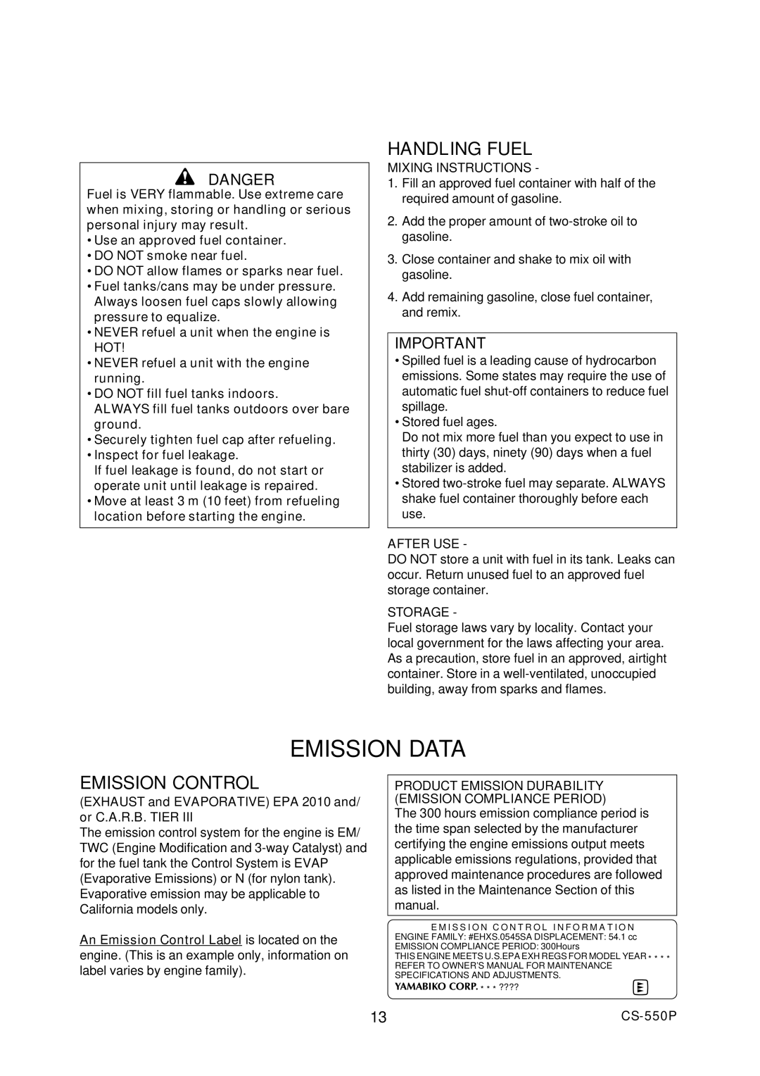 Echo CS-550P Emission Data, Handling Fuel, Emission Control, Exhaust and Evaporative EPA 2010 and/ or C.A.R.B. Tier 