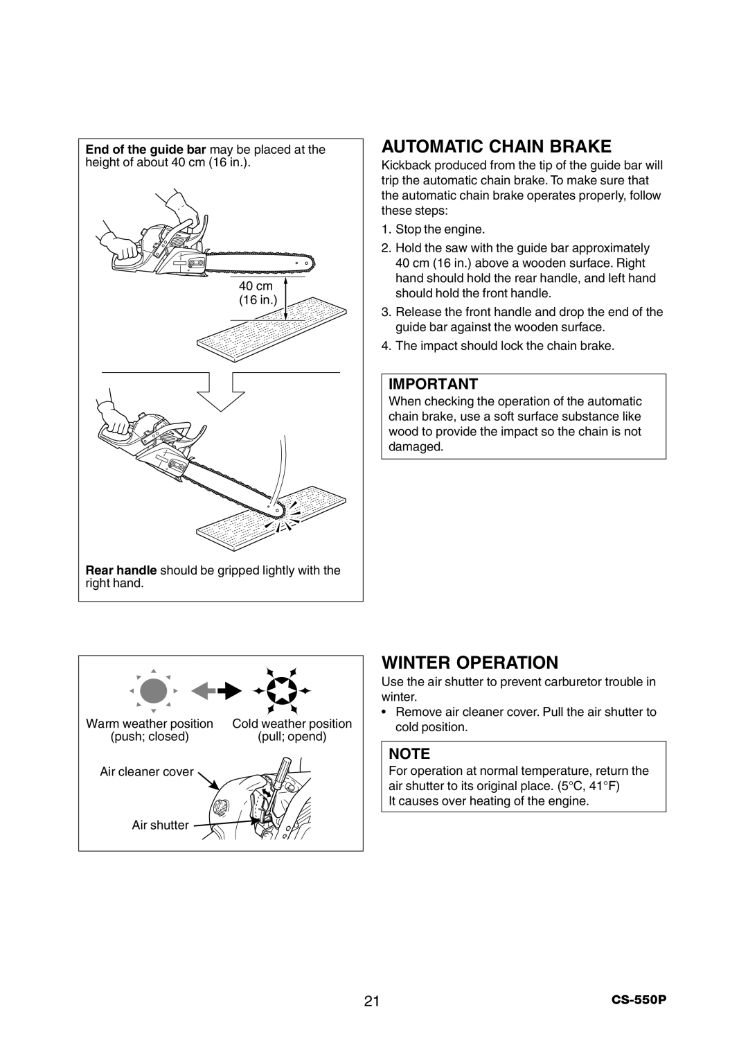 Echo CS-550P instruction manual Automatic Chain Brake, Winter Operation 