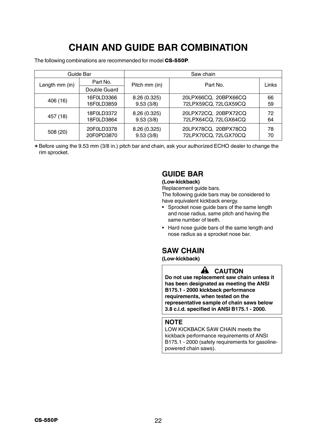 Echo CS-550P instruction manual Chain and Guide BAR Combination, SAW Chain, Low-kickback Replacement guide bars 