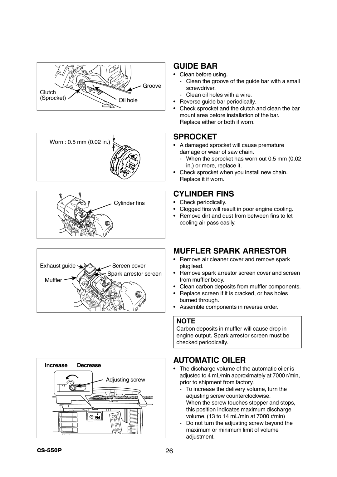 Echo CS-550P instruction manual Sprocket, Cylinder Fins, Muffler Spark Arrestor, Automatic Oiler, Increase Decrease 