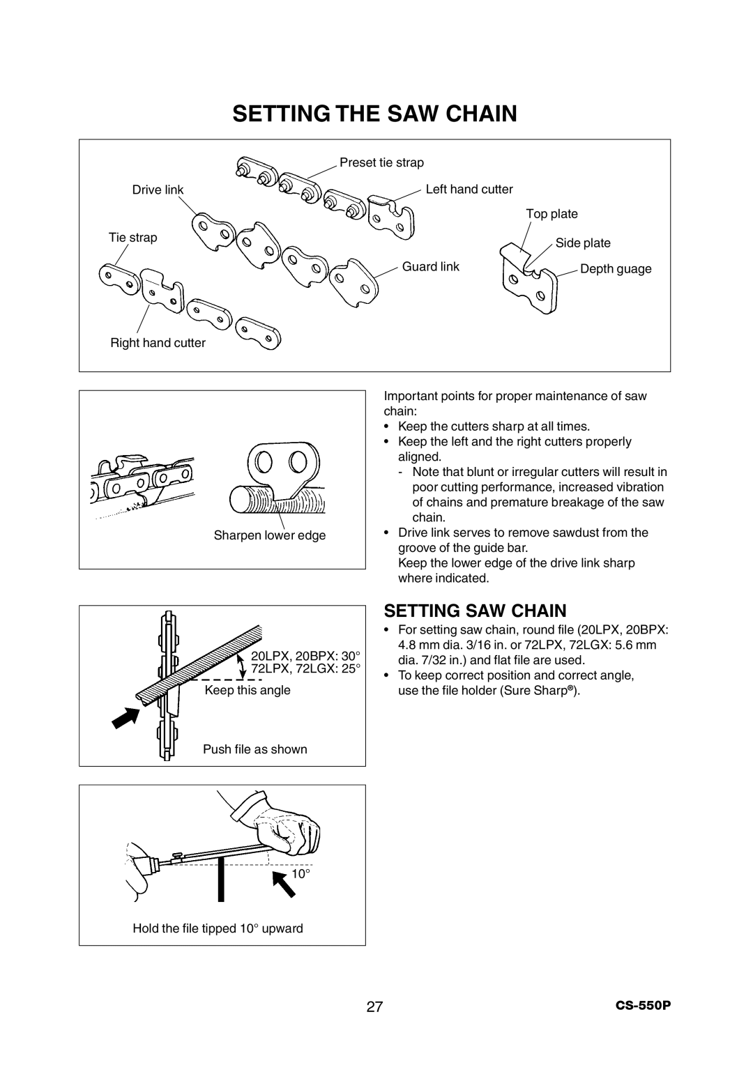 Echo CS-550P instruction manual Setting the SAW Chain, Setting SAW Chain 