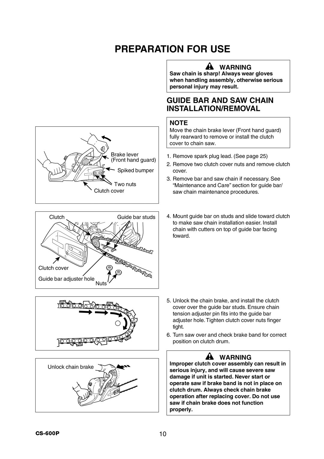 Echo CS-600P instruction manual Preparation for USE, Guide BAR and SAW Chain INSTALLATION/REMOVAL 