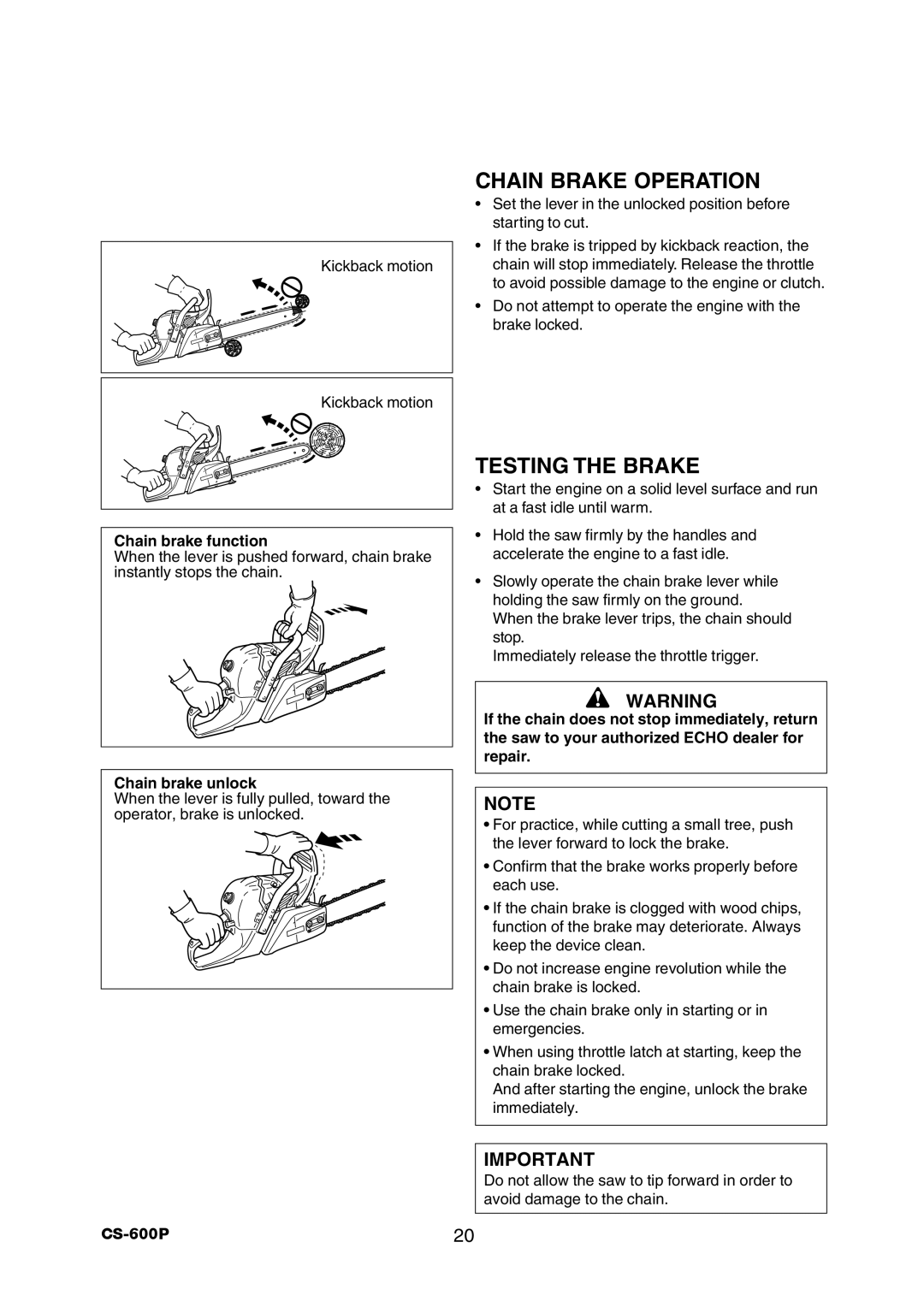 Echo CS-600P instruction manual Chain Brake Operation, Testing the Brake, Chain brake function, Chain brake unlock 