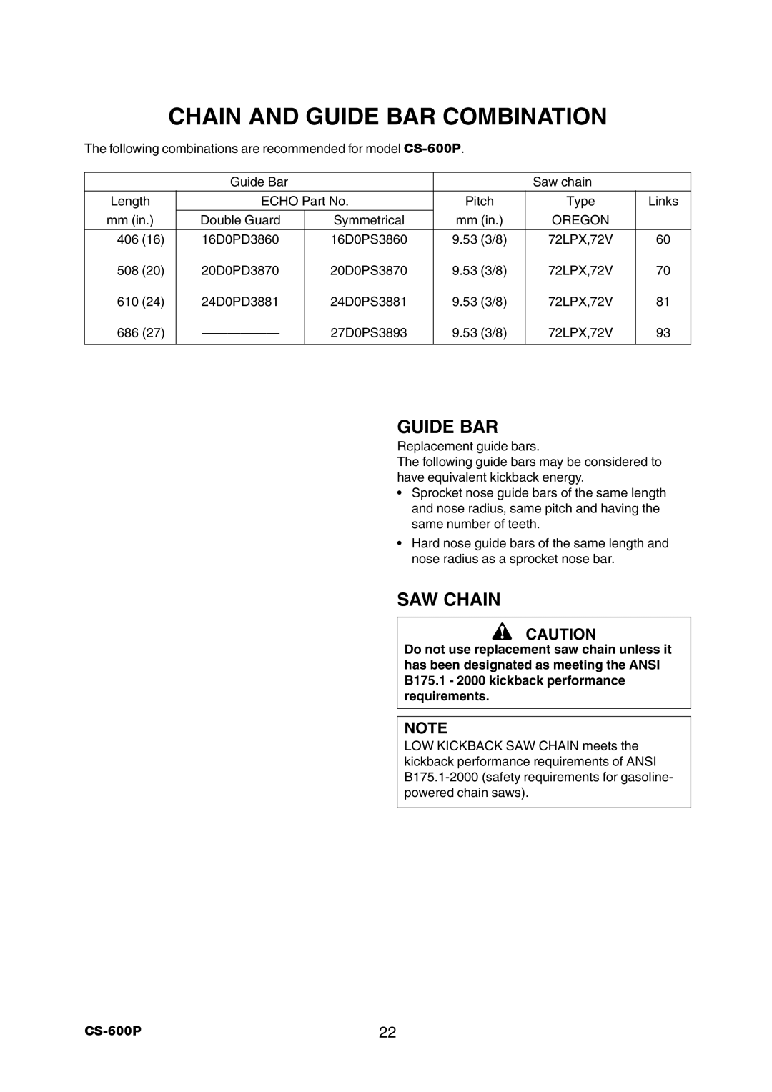 Echo CS-600P instruction manual Chain and Guide BAR Combination, SAW Chain 