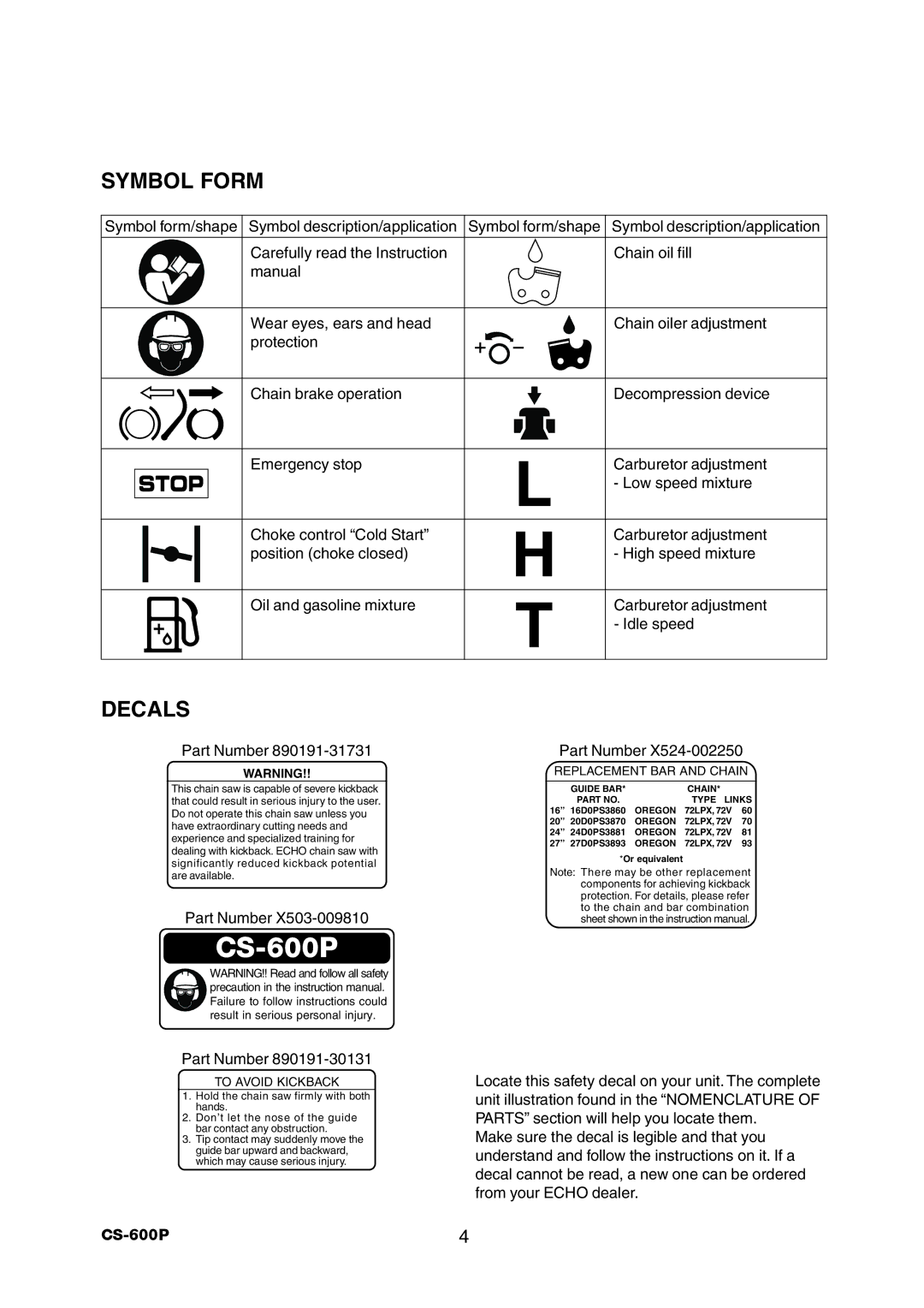 Echo CS-600P instruction manual Symbol Form, Decals 