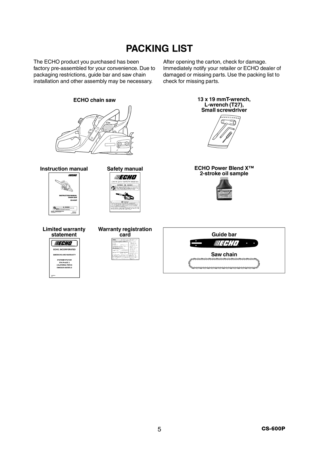 Echo CS-600P instruction manual Packing List 