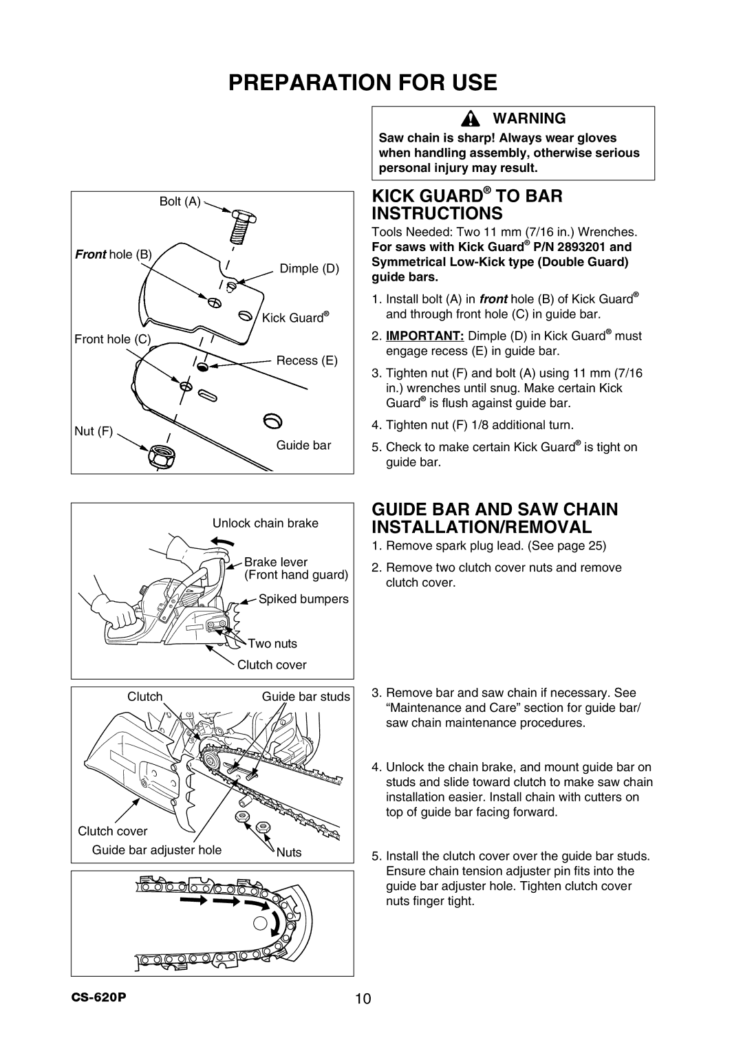 Echo CS-620P Preparation for USE, Kick Guard to BAR Instructions, Guide BAR and SAW Chain INSTALLATION/REMOVAL 