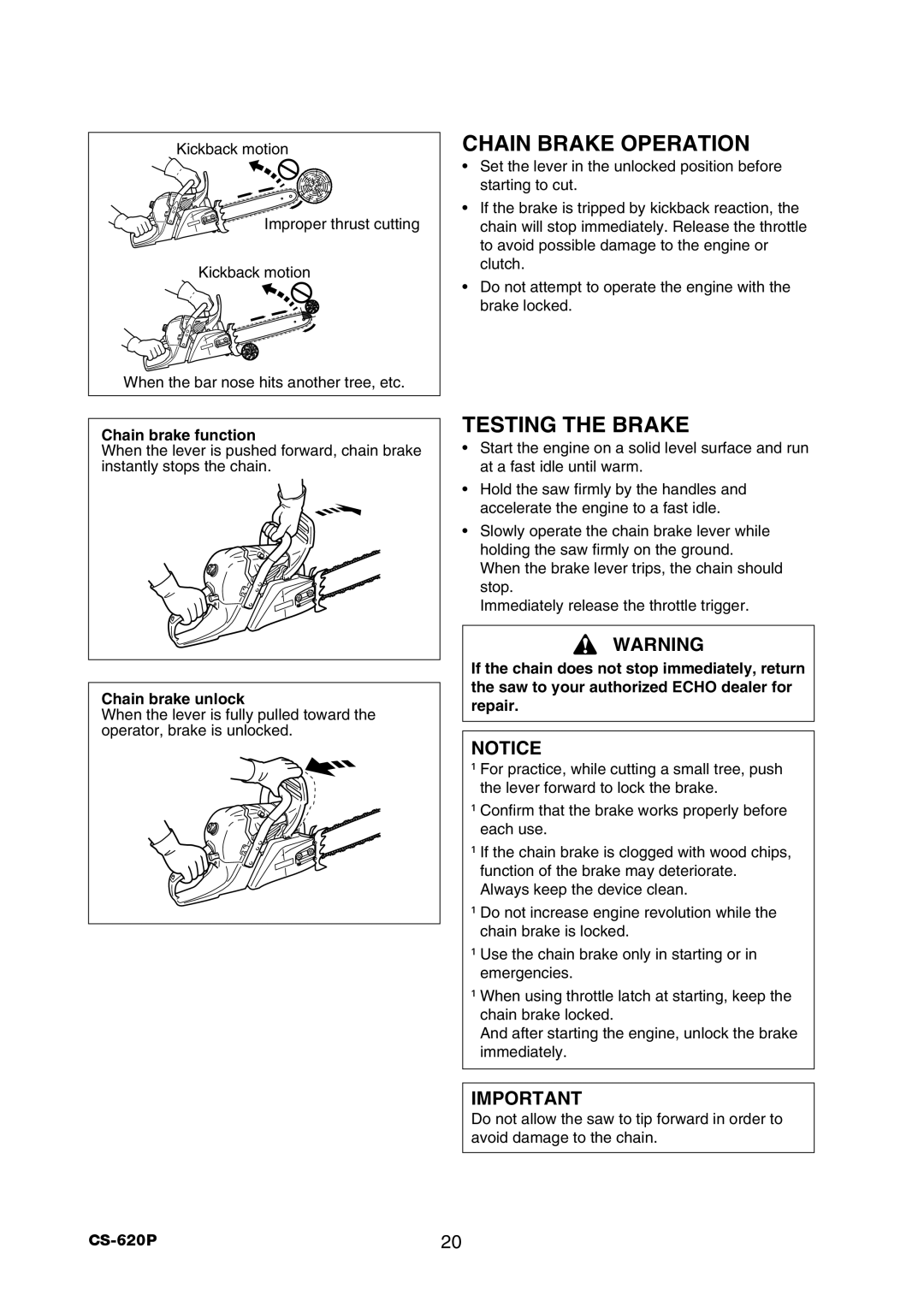 Echo CS-620P instruction manual Chain Brake Operation, Testing the Brake, Chain brake function, Chain brake unlock 