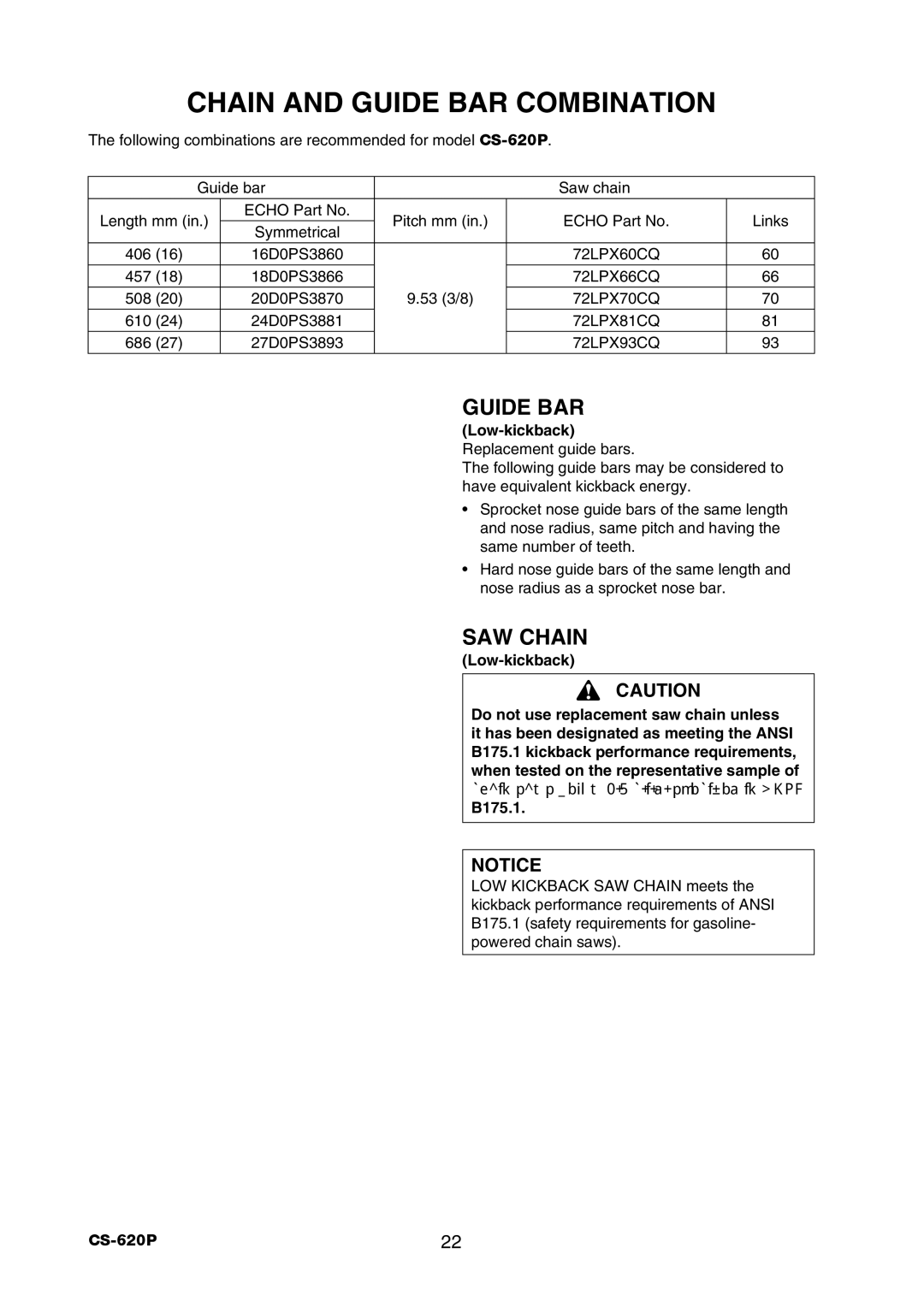 Echo CS-620P instruction manual Chain and Guide BAR Combination, SAW Chain, Low-kickback Replacement guide bars 