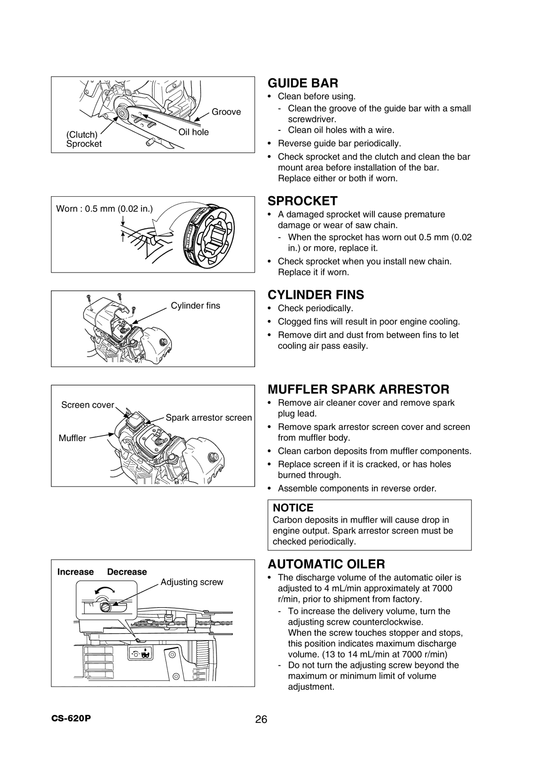 Echo CS-620P instruction manual Sprocket, Cylinder Fins, Muffler Spark Arrestor, Automatic Oiler, Increase Decrease 