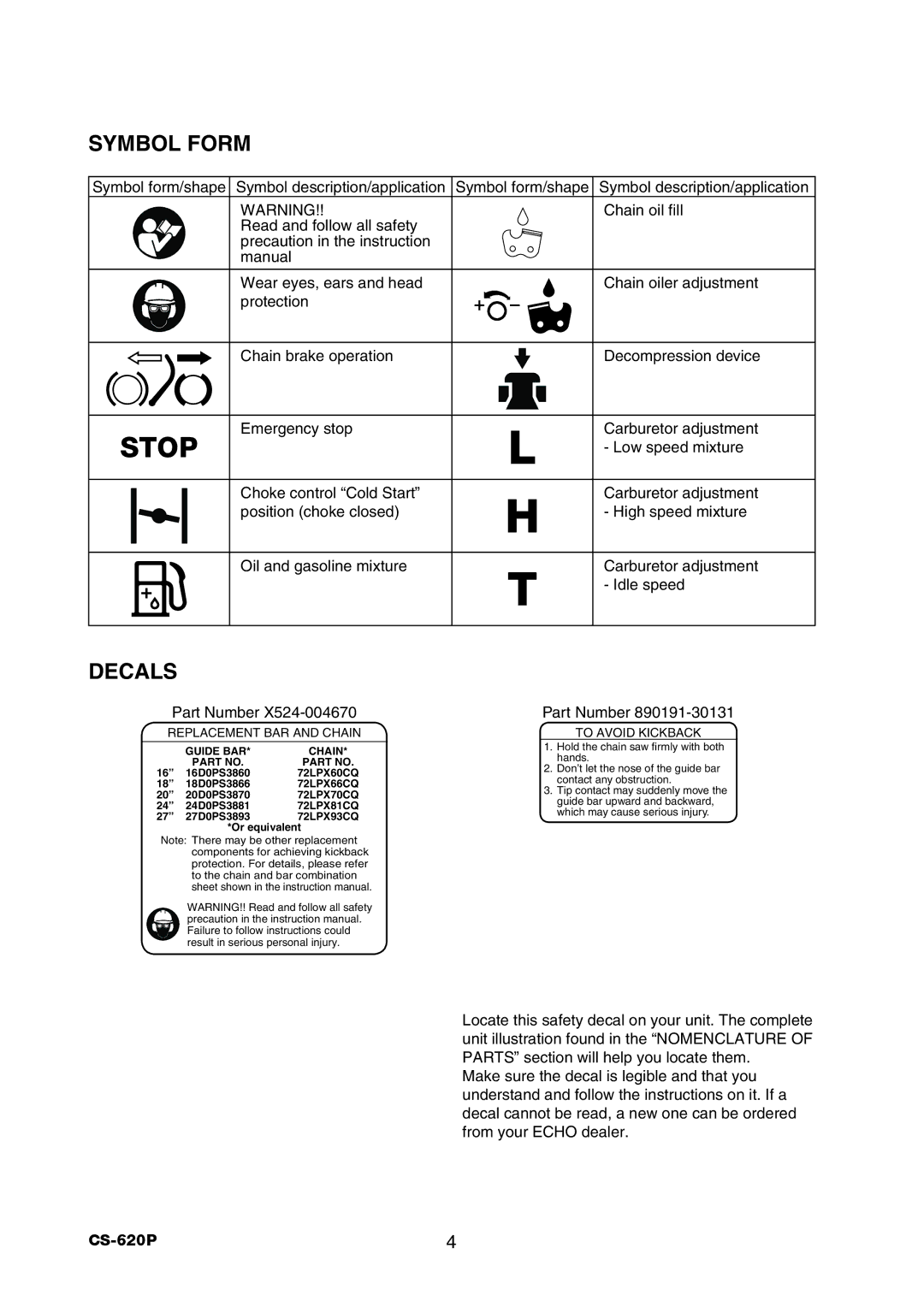 Echo CS-620P instruction manual Stop, Symbol Form, Decals 