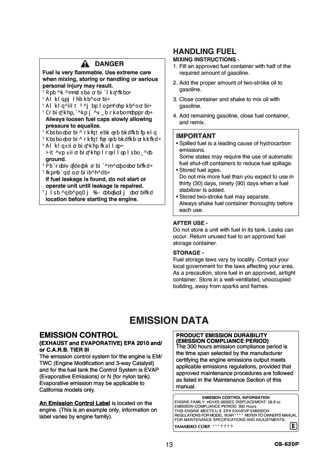Echo CS-620P instruction manual Emission Data, Handling Fuel, Emission Control, Danger 