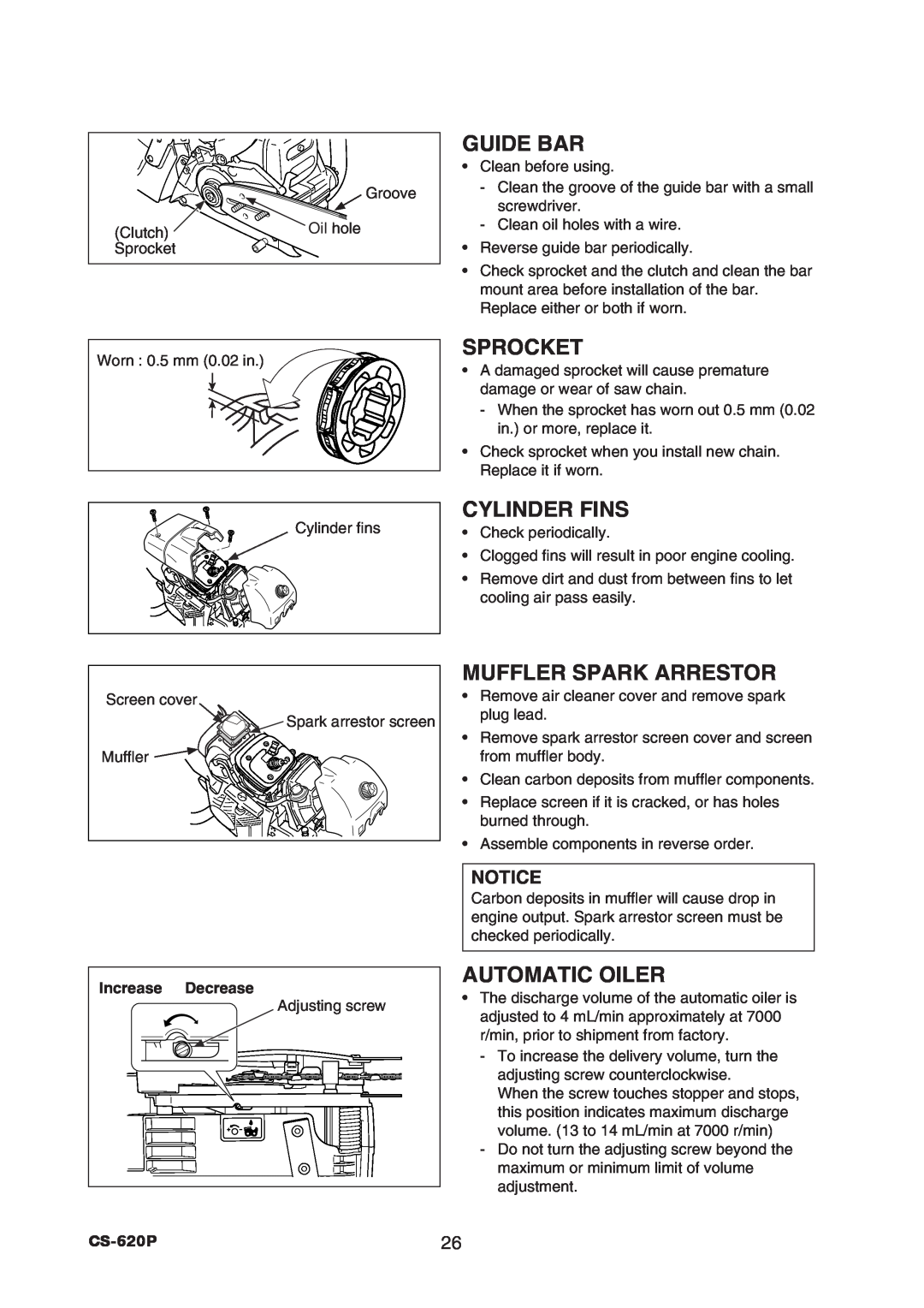 Echo CS-620P instruction manual Sprocket, Cylinder Fins, Muffler Spark Arrestor, Automatic Oiler, Guide Bar 