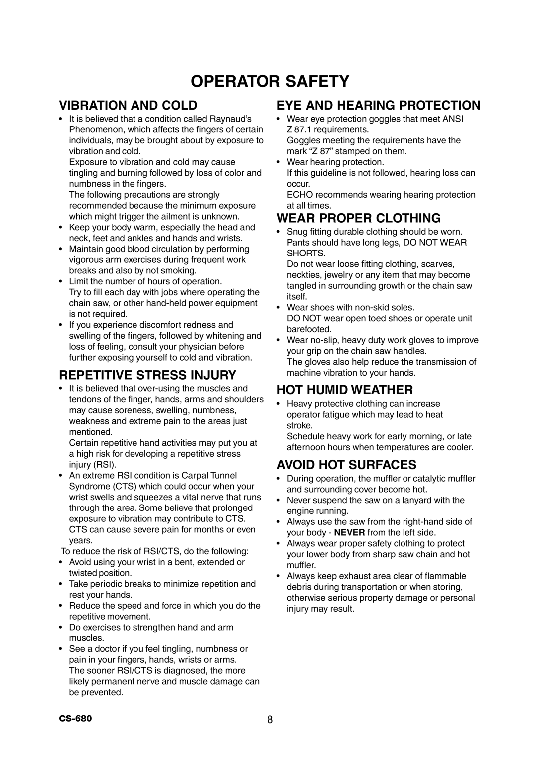 Echo CS-680 instruction manual Operator Safety 