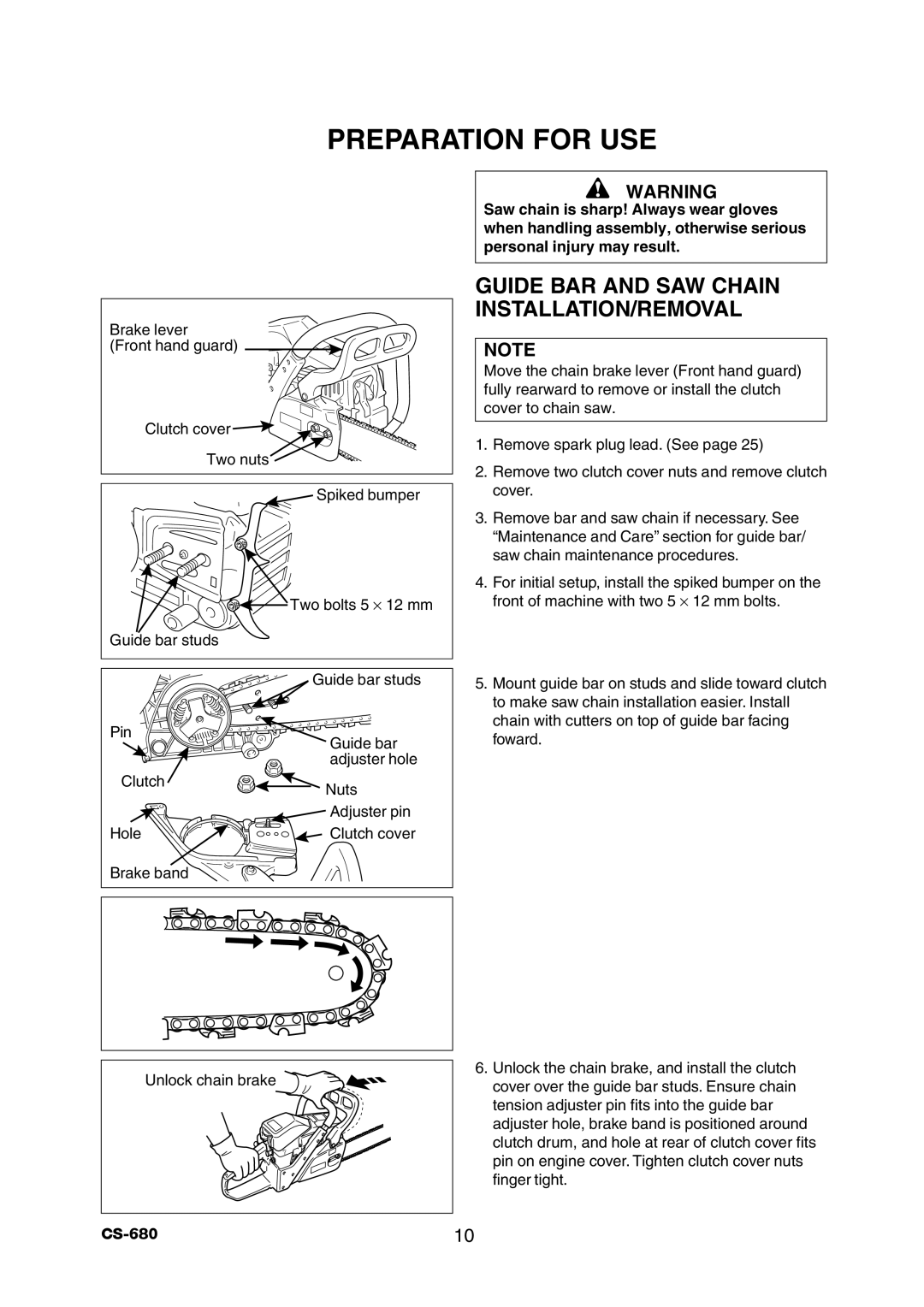 Echo CS-680 instruction manual Preparation for USE, Guide BAR and SAW Chain INSTALLATION/REMOVAL 