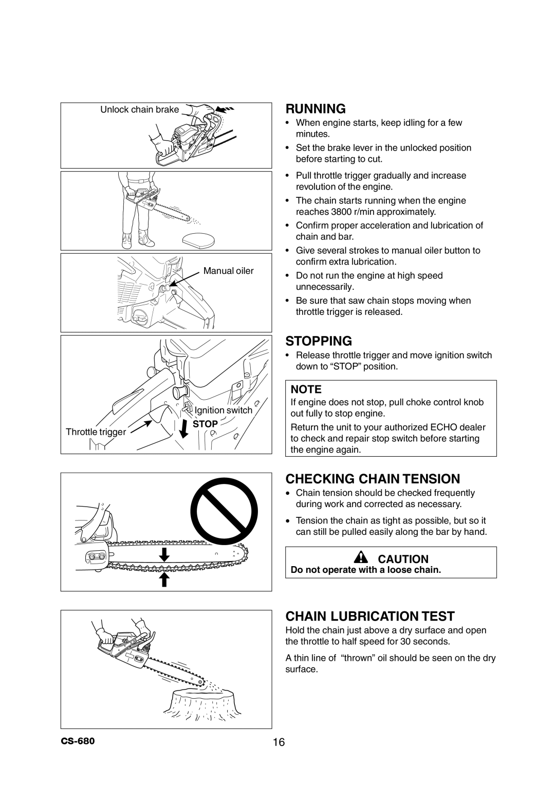 Echo CS-680 instruction manual Running, Stopping, Checking Chain Tension, Chain Lubrication Test 