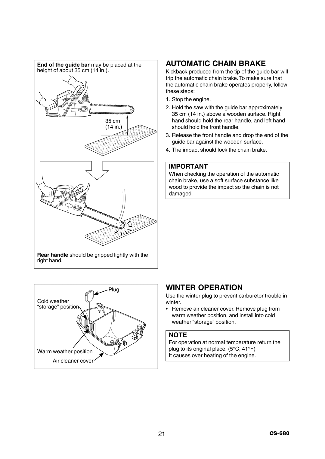 Echo CS-680 instruction manual Automatic Chain Brake, Winter Operation 