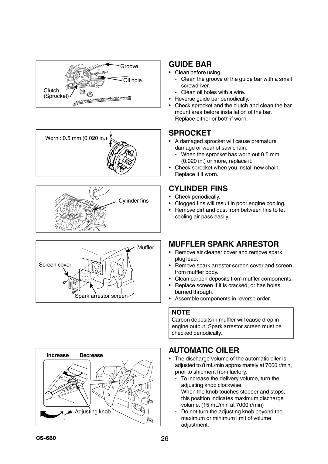 Echo CS-680 instruction manual Sprocket, Cylinder Fins, Muffler Spark Arrestor, Automatic Oiler 