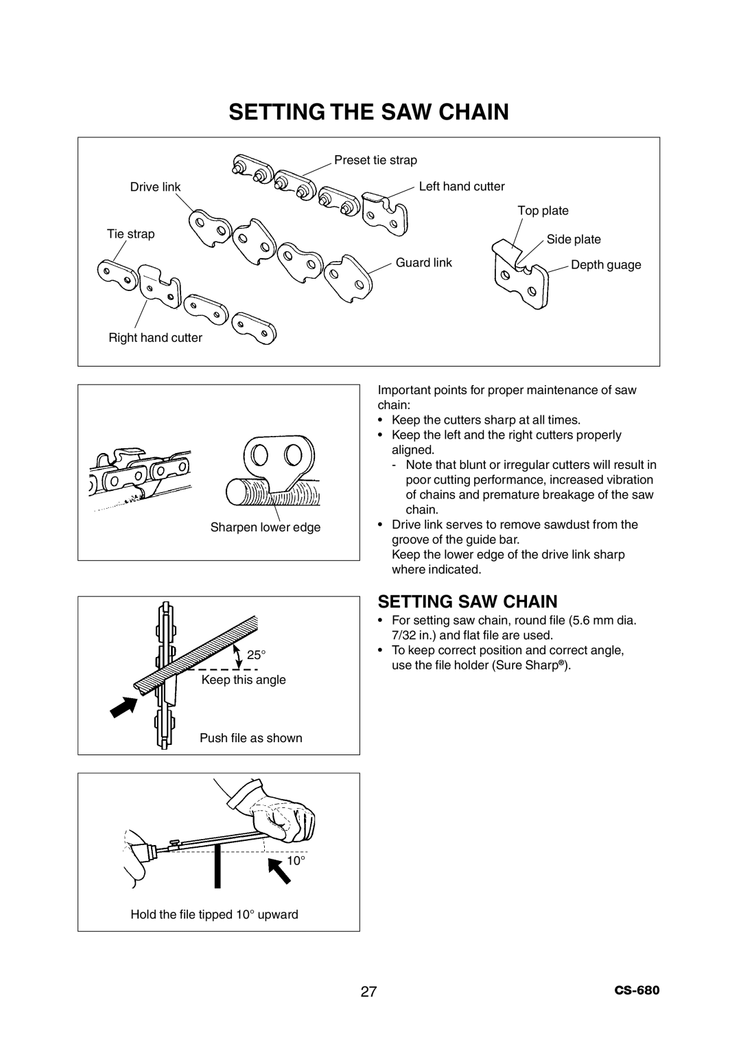 Echo CS-680 instruction manual Setting the SAW Chain, Setting SAW Chain 