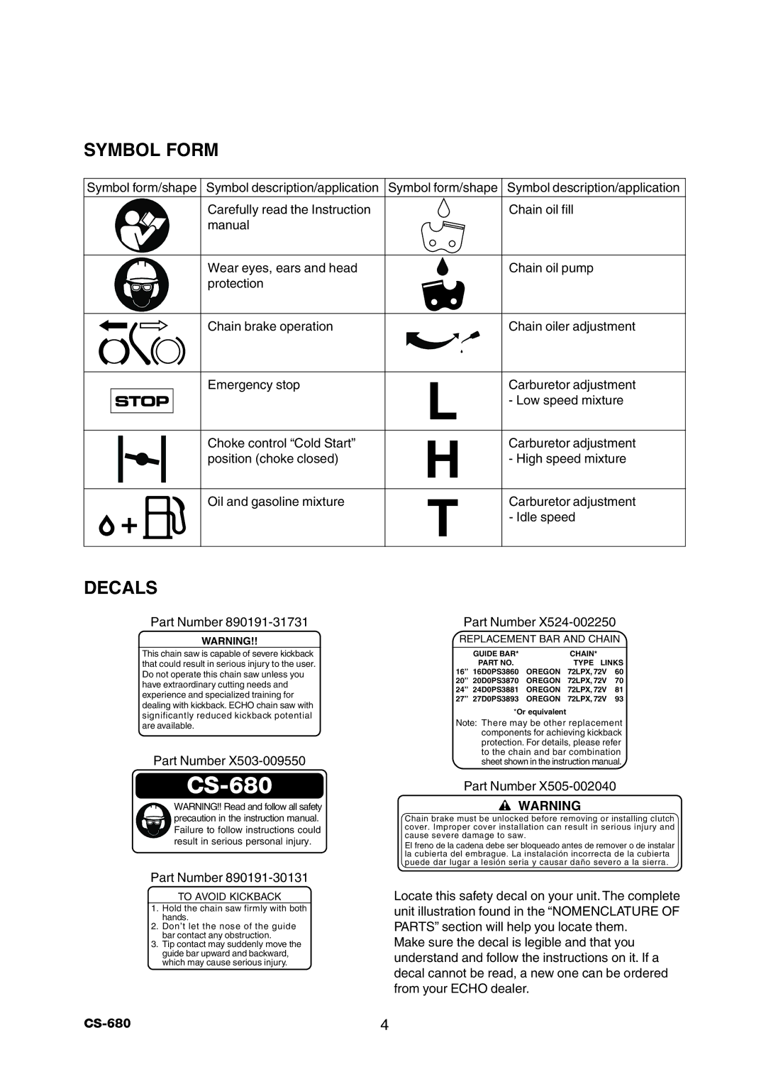 Echo CS-680 instruction manual Symbol Form, Decals 