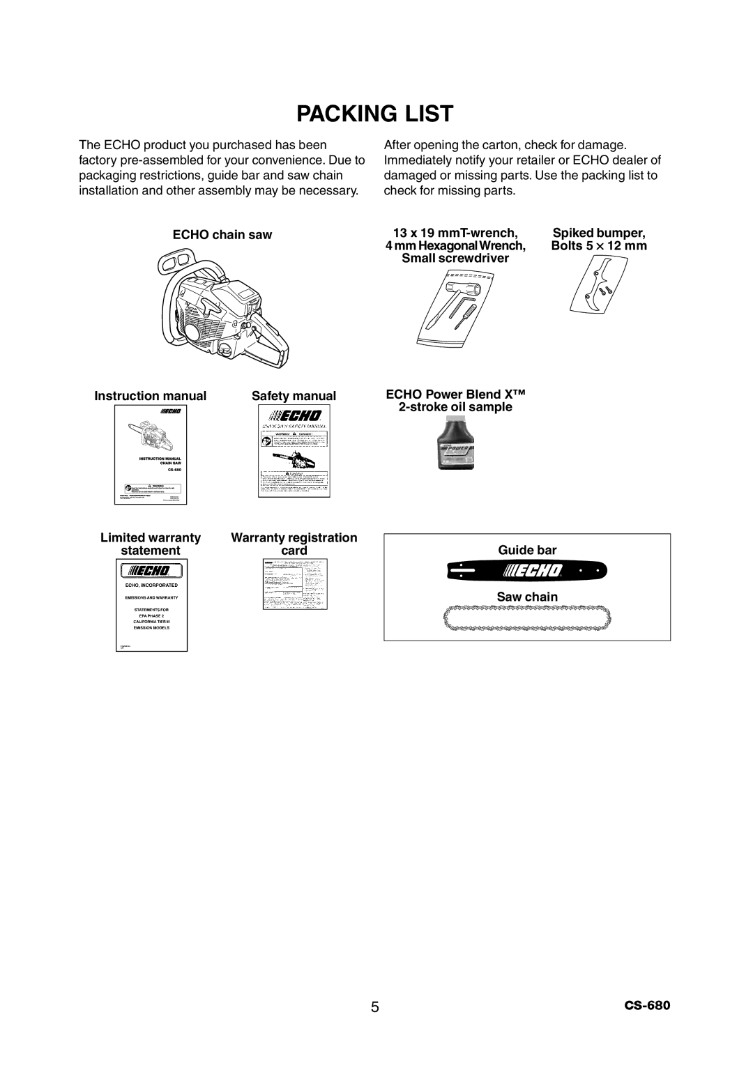 Echo CS-680 instruction manual Packing List 