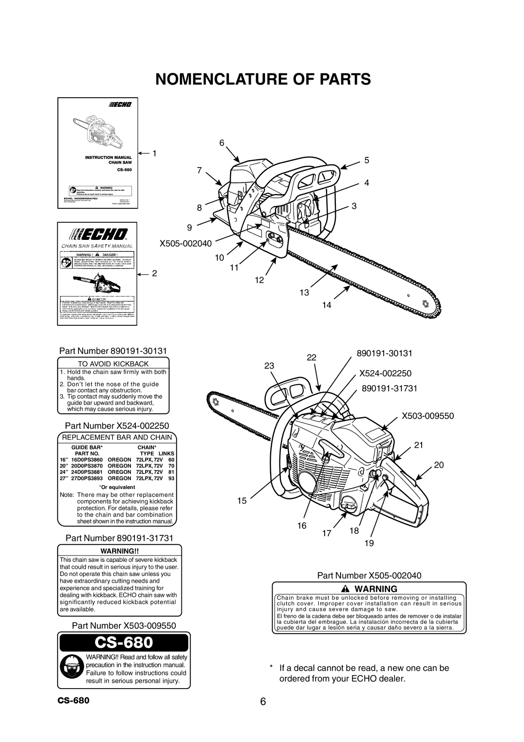 Echo CS-680 instruction manual Nomenclature of Parts, X505-002040 Part Number 