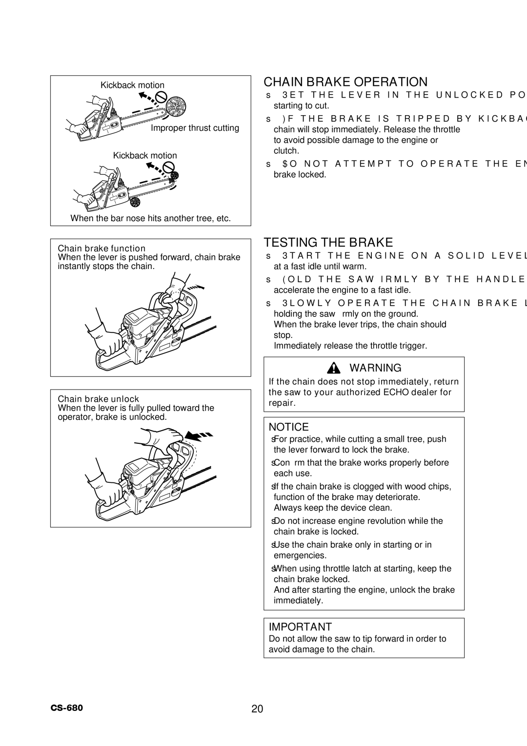 Echo CS-680 instruction manual Chain Brake Operation, Testing the Brake, Chain brake function, Chain brake unlock 