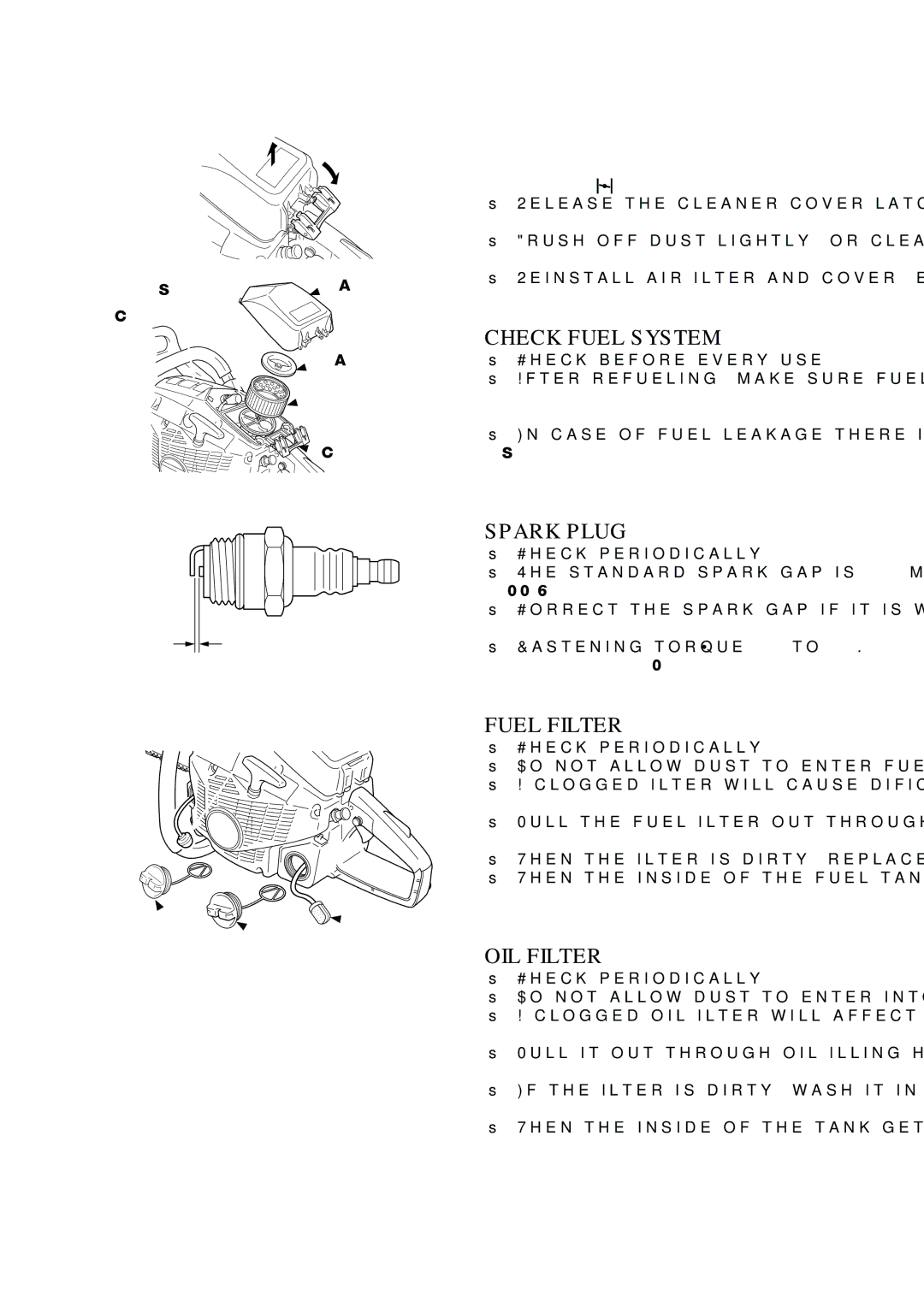 Echo CS-680 instruction manual AIR Filter, Check Fuel System, Spark Plug, Fuel Filter, OIL Filter 