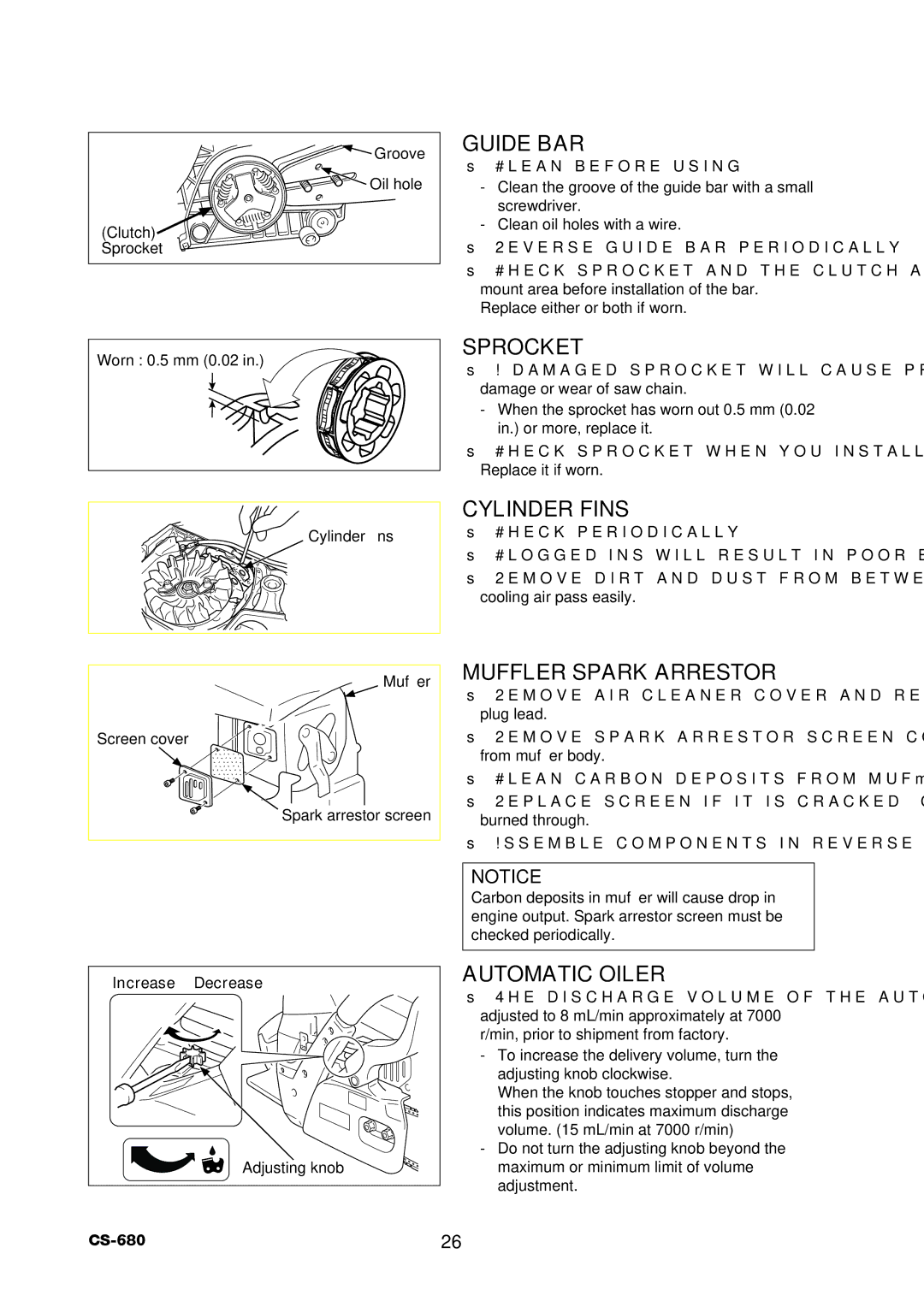 Echo CS-680 instruction manual Sprocket, Cylinder Fins, Muffler Spark Arrestor, Automatic Oiler, Increase Decrease 