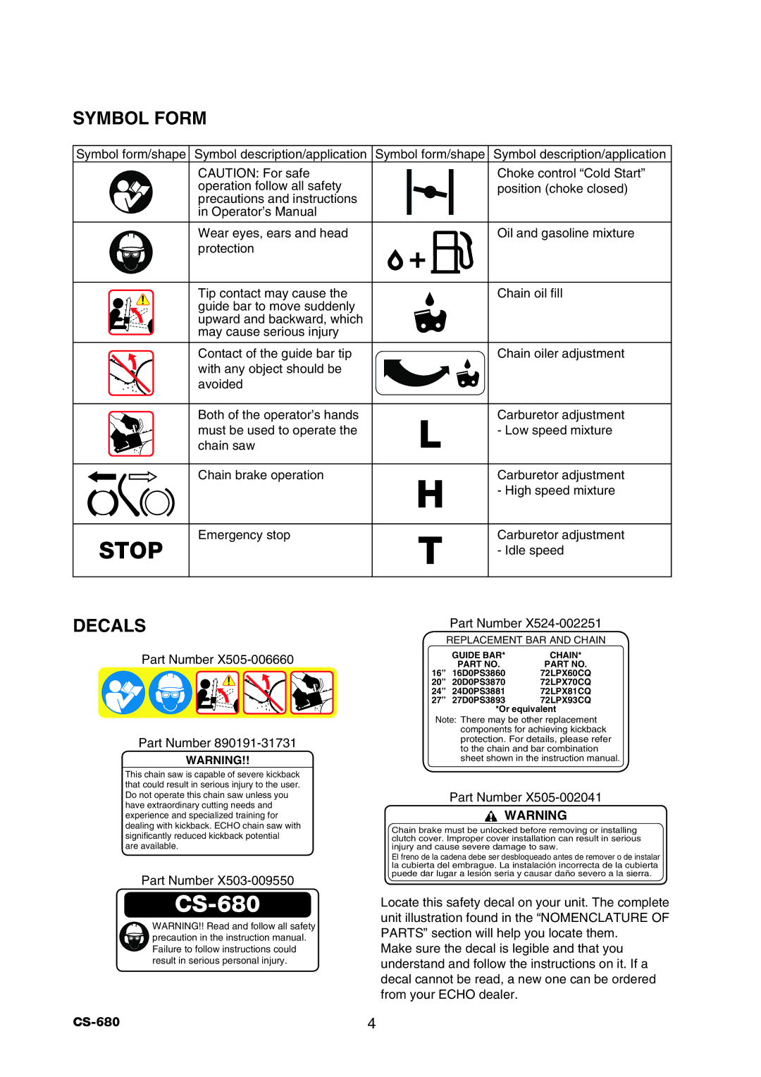 Echo CS-680 instruction manual Stop, Symbol Form, Decals, Idle speed, Part Number 