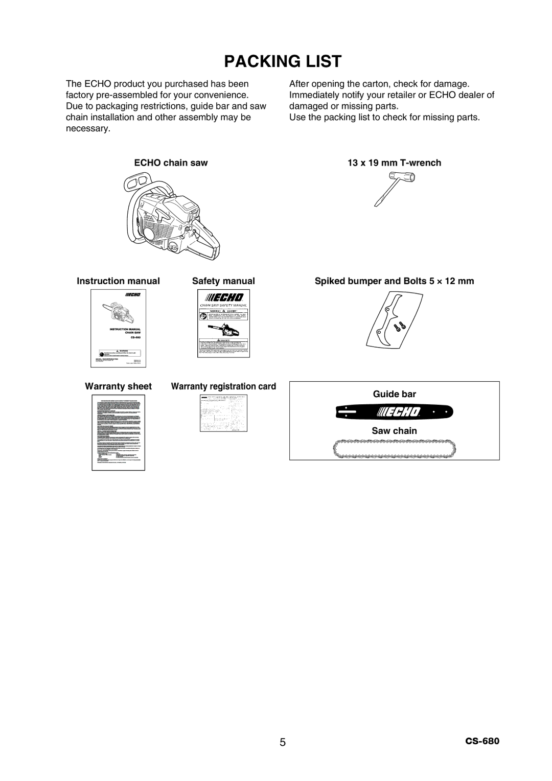 Echo CS-680 instruction manual Packing List, Echo chain saw, Warranty sheet 