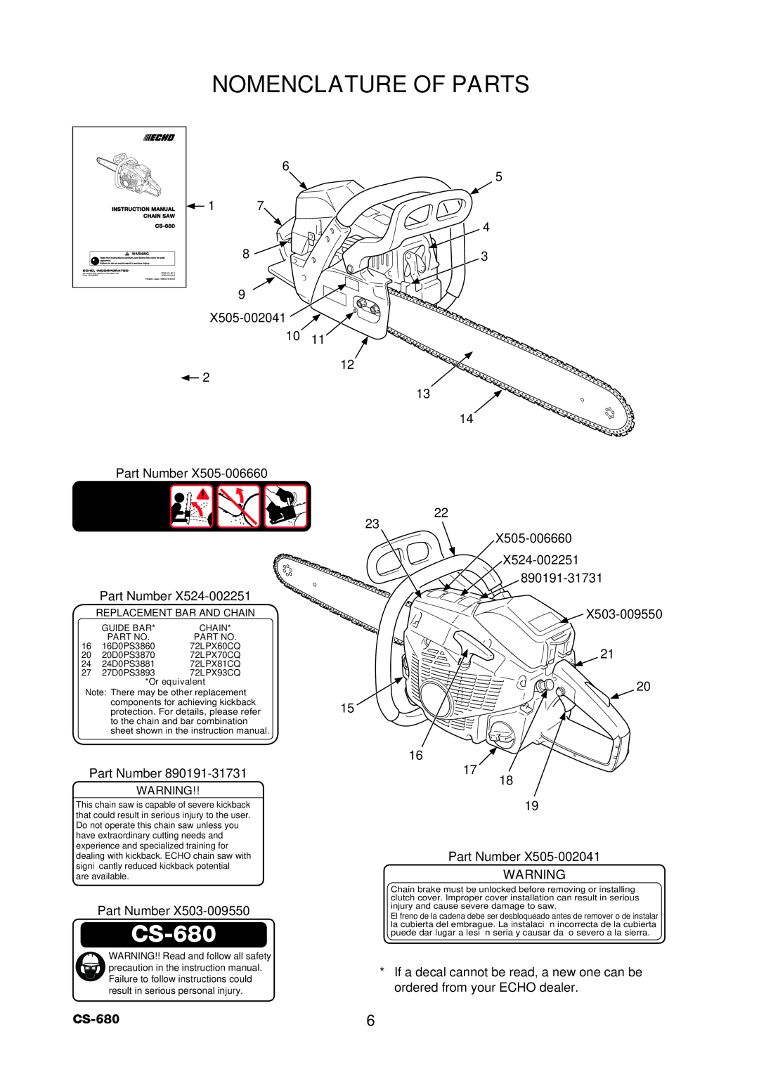 Echo CS-680 instruction manual Nomenclature of Parts, X505-002041 Part Number 