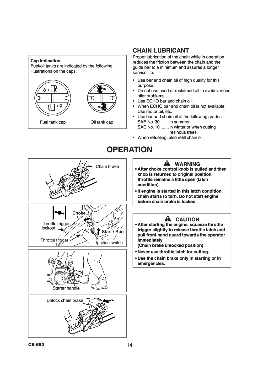 Echo CS-680 instruction manual Operation, Chain Lubricant 