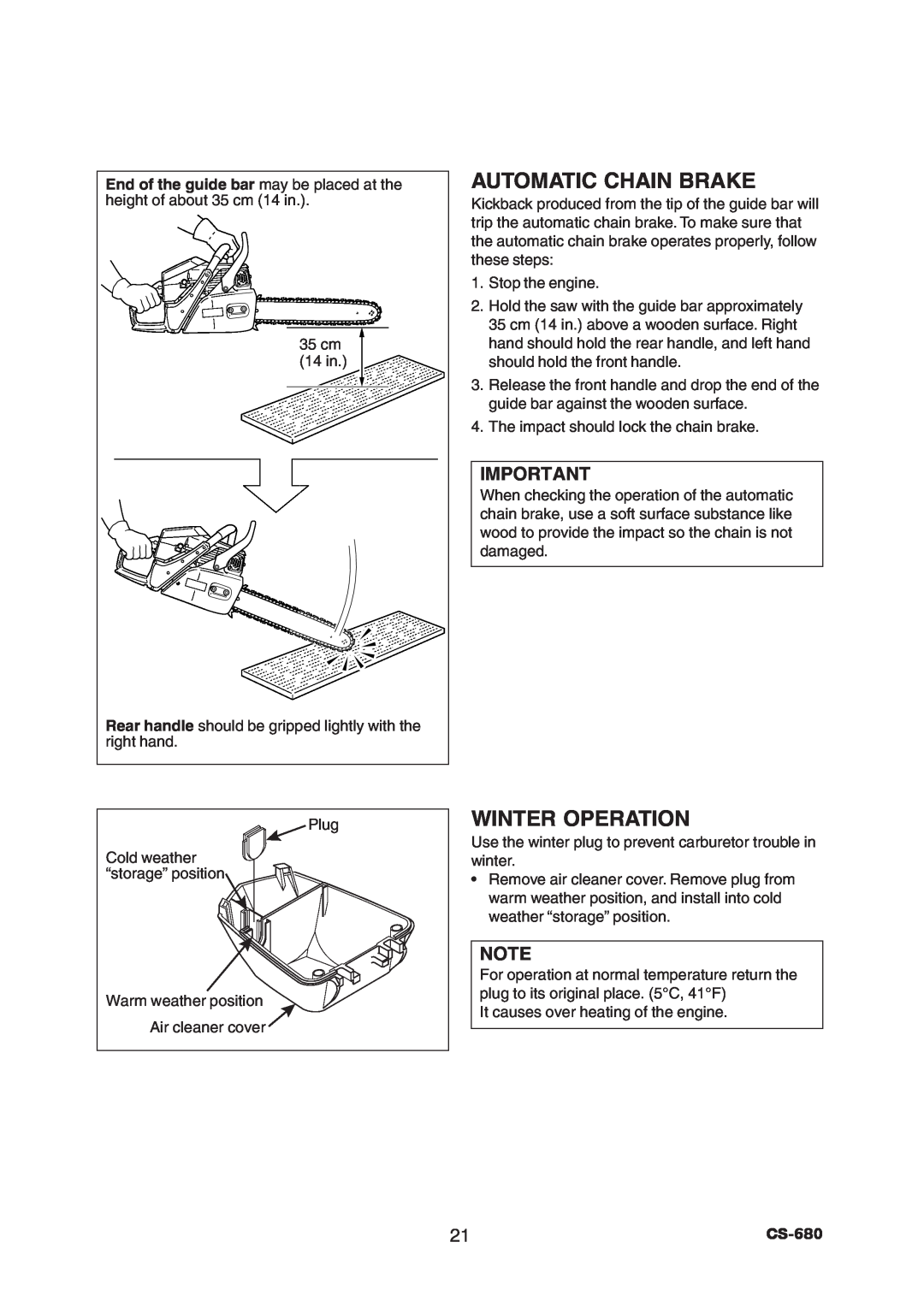 Echo CS-680 instruction manual Automatic Chain Brake, Winter Operation 