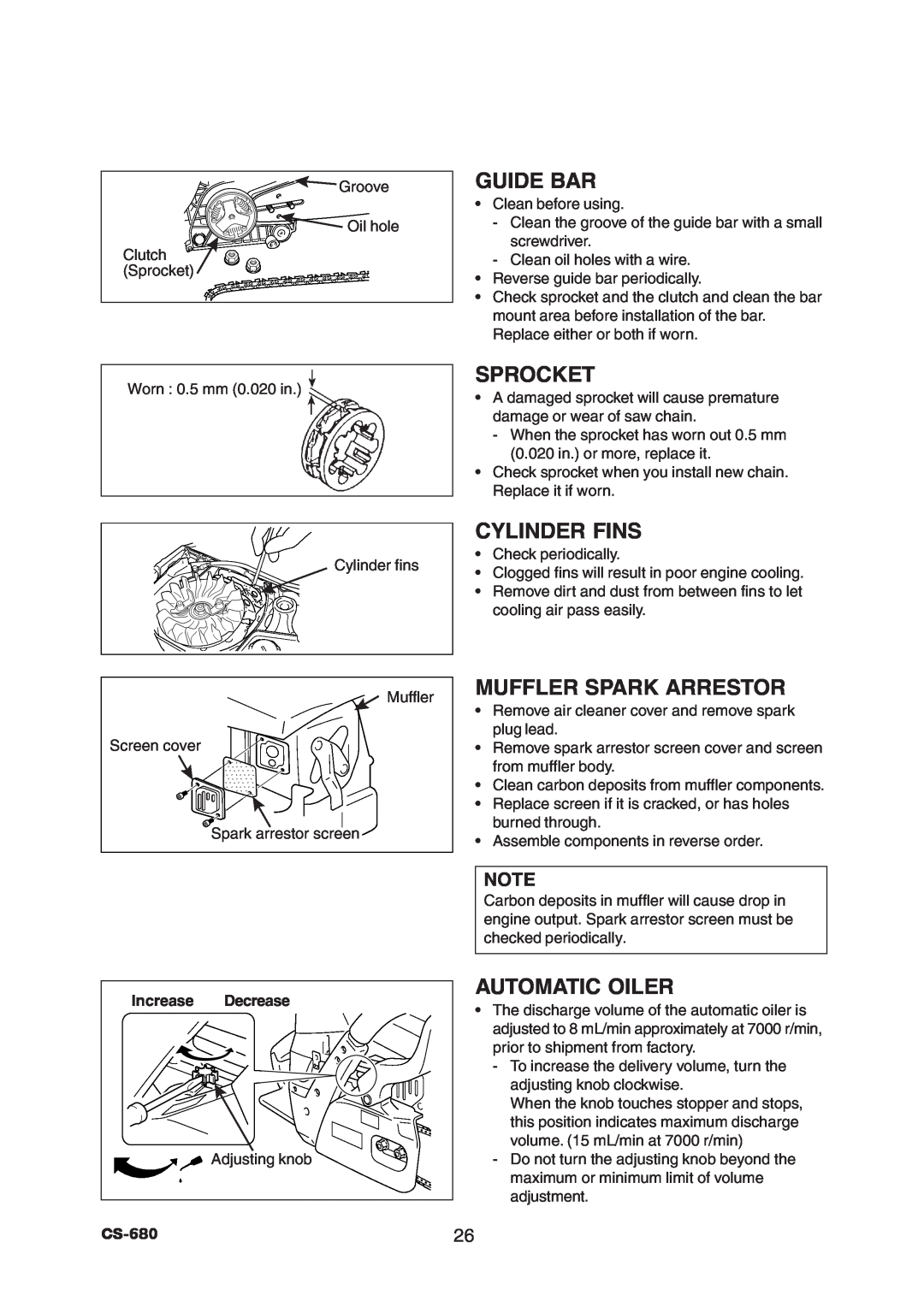 Echo CS-680 instruction manual Sprocket, Cylinder Fins, Muffler Spark Arrestor, Automatic Oiler, Guide Bar 