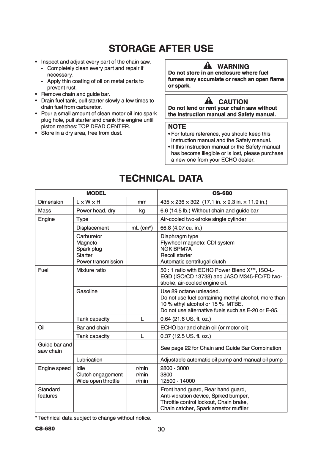 Echo CS-680 instruction manual Storage After Use, Technical Data 