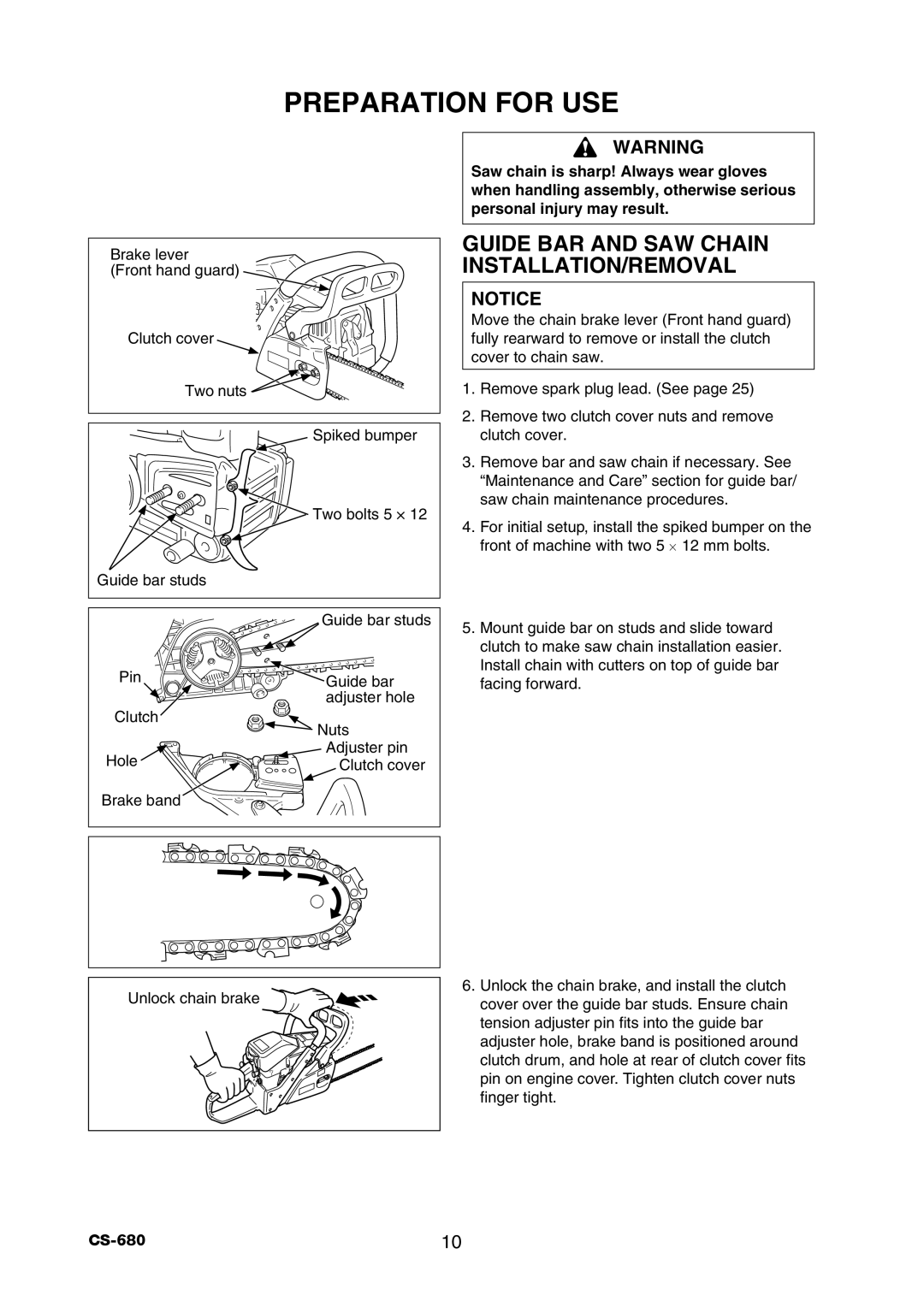 Echo CS-680 instruction manual Preparation For Use, Guide Bar And Saw Chain Installation/Removal 
